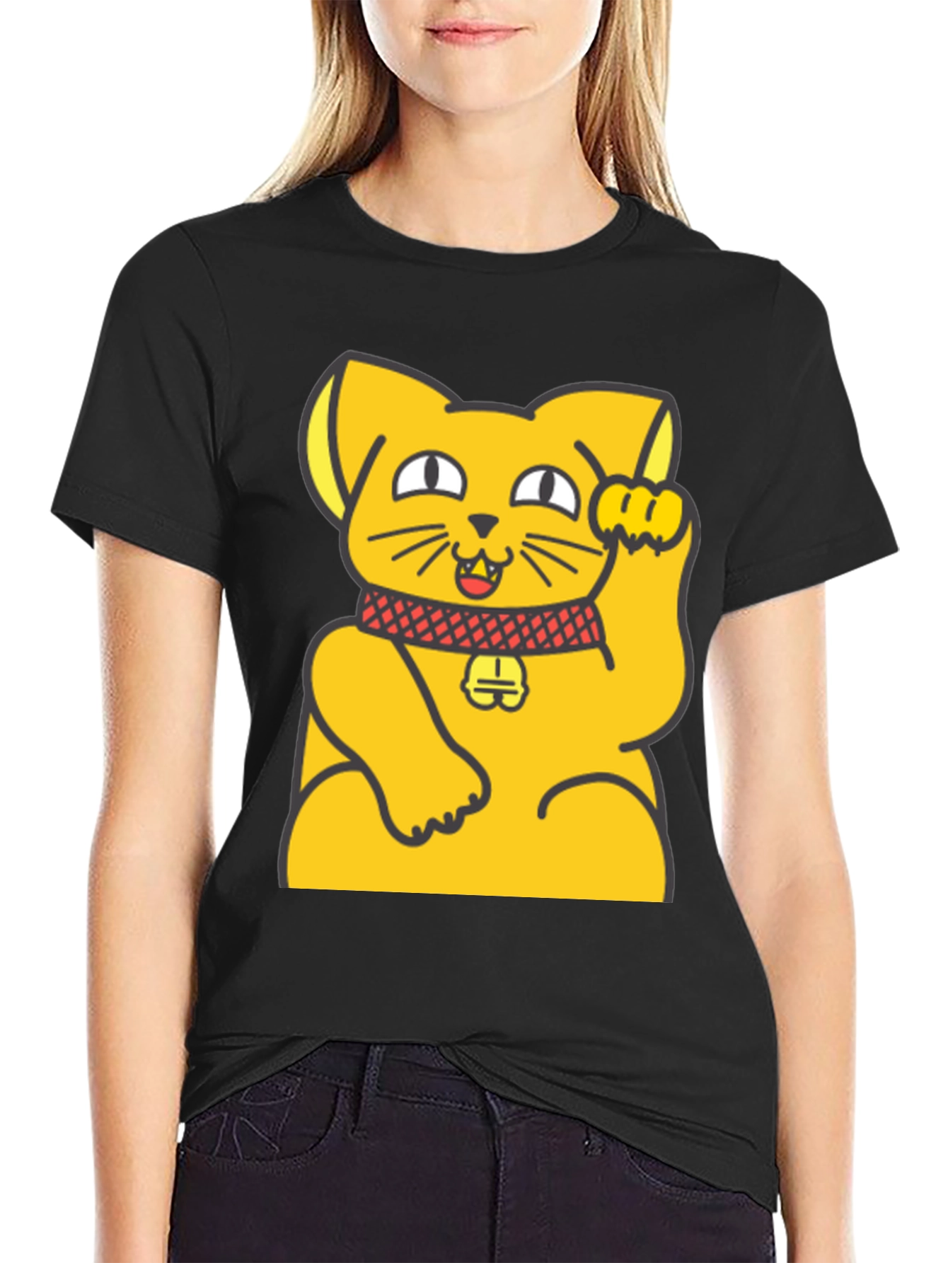 Black Lucky Cat Graphic T-Shirt - Unisex Black Cotton Tee view 2