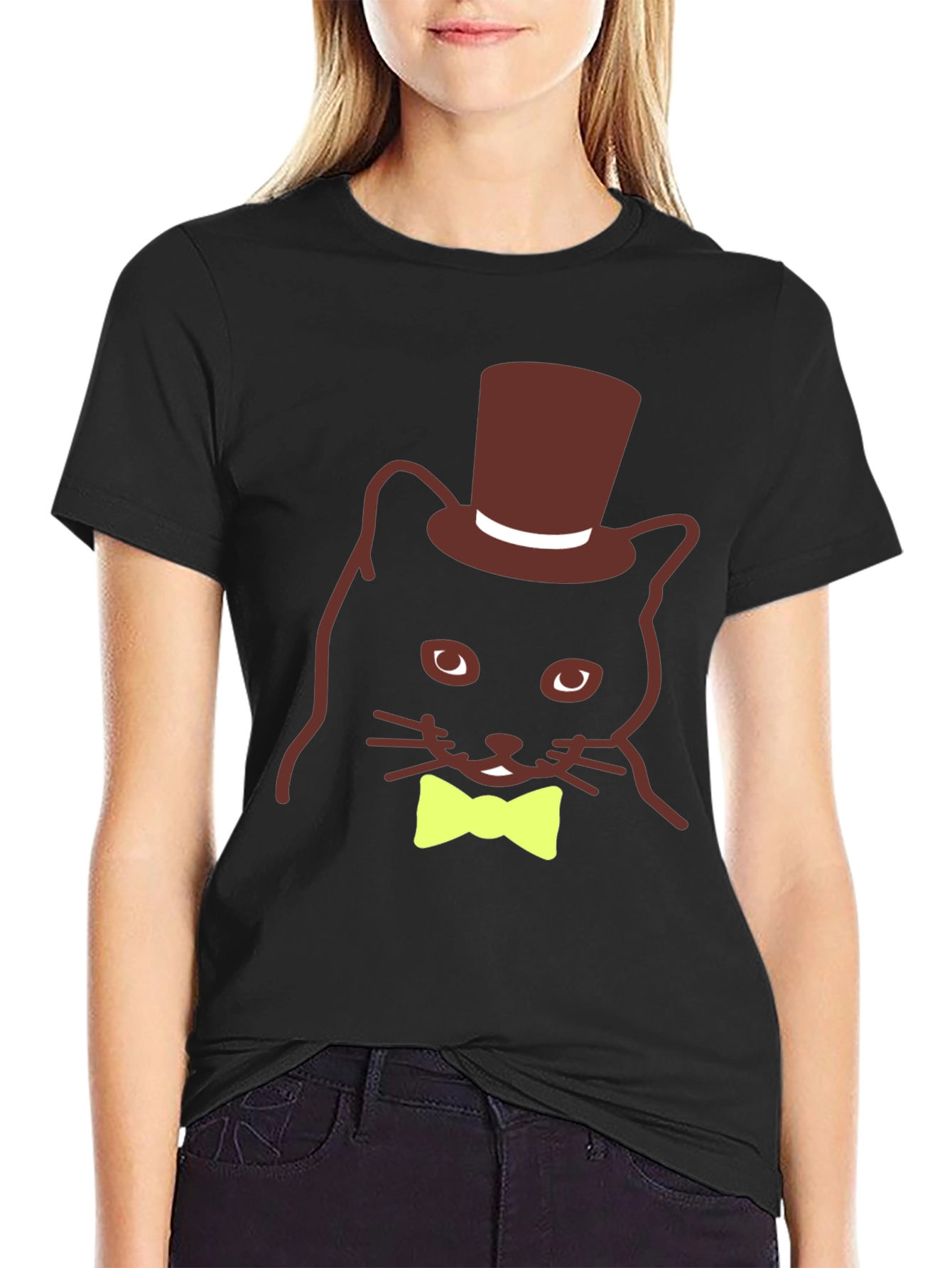 Black Cat with Top Hat & Bow Tie Black T-Shirt view 2