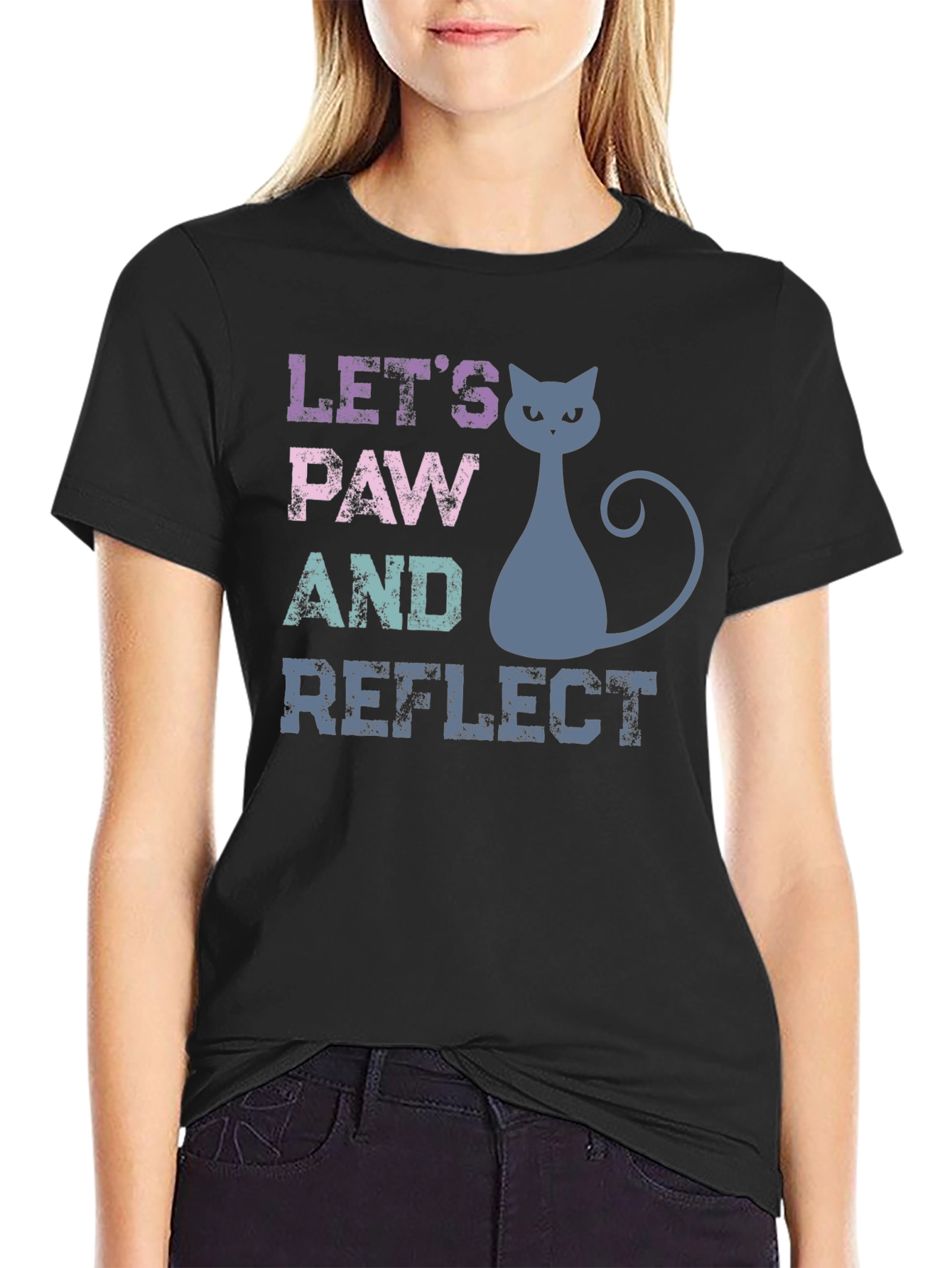 Black Let's Paw and Reflect Cat T-Shirt view 2