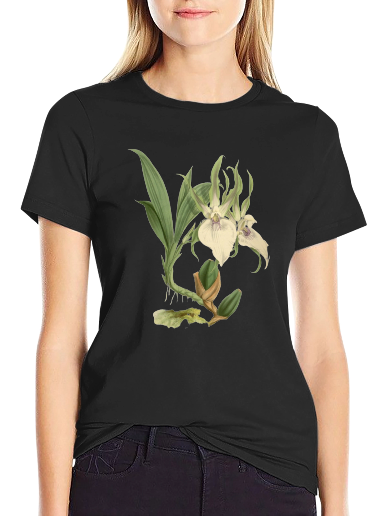 Black Botanical Orchid Graphic Tee - Black Cotton Blend view 2