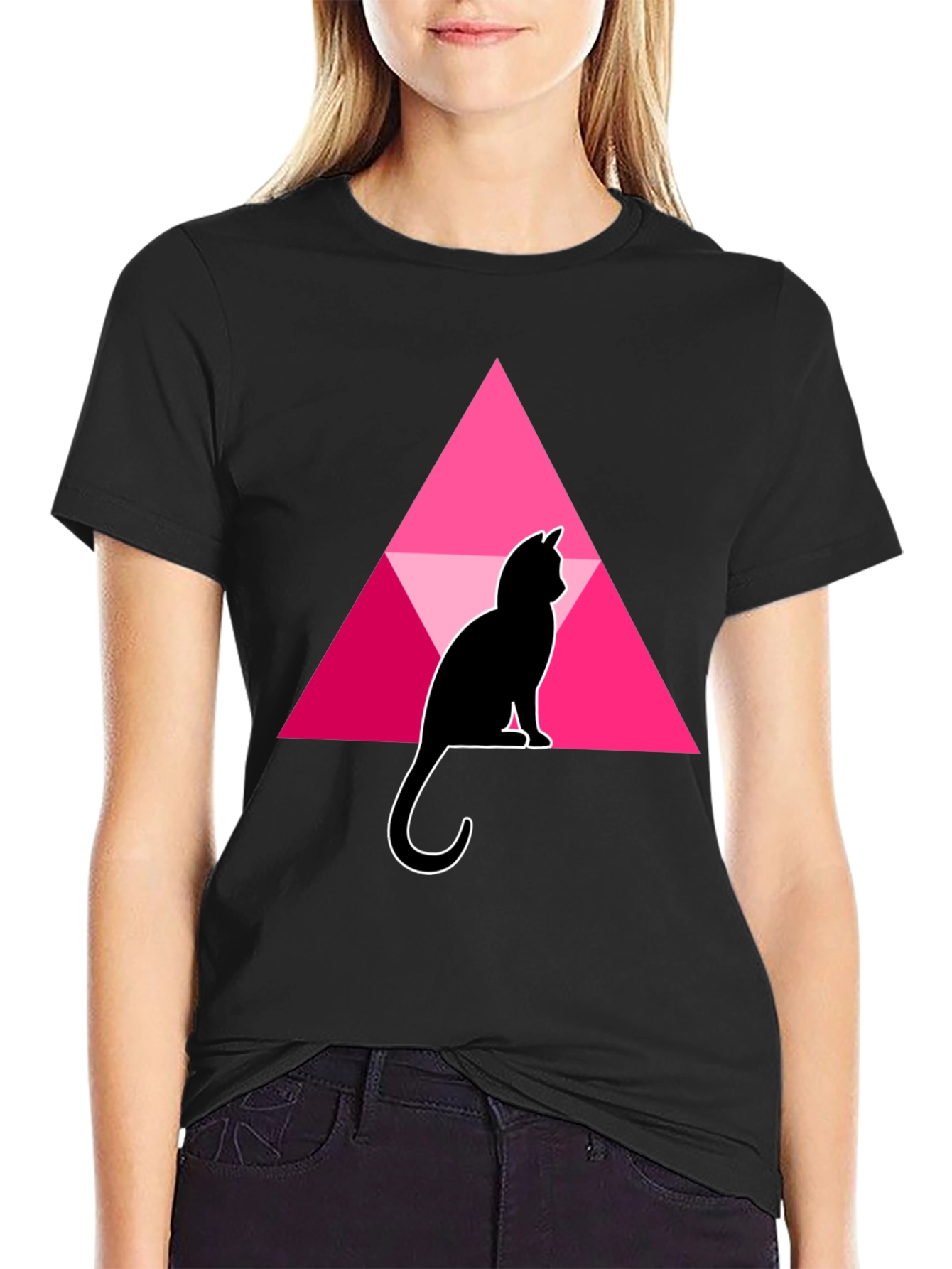 Black Cat and Triangle Graphic Black T-Shirt view 2