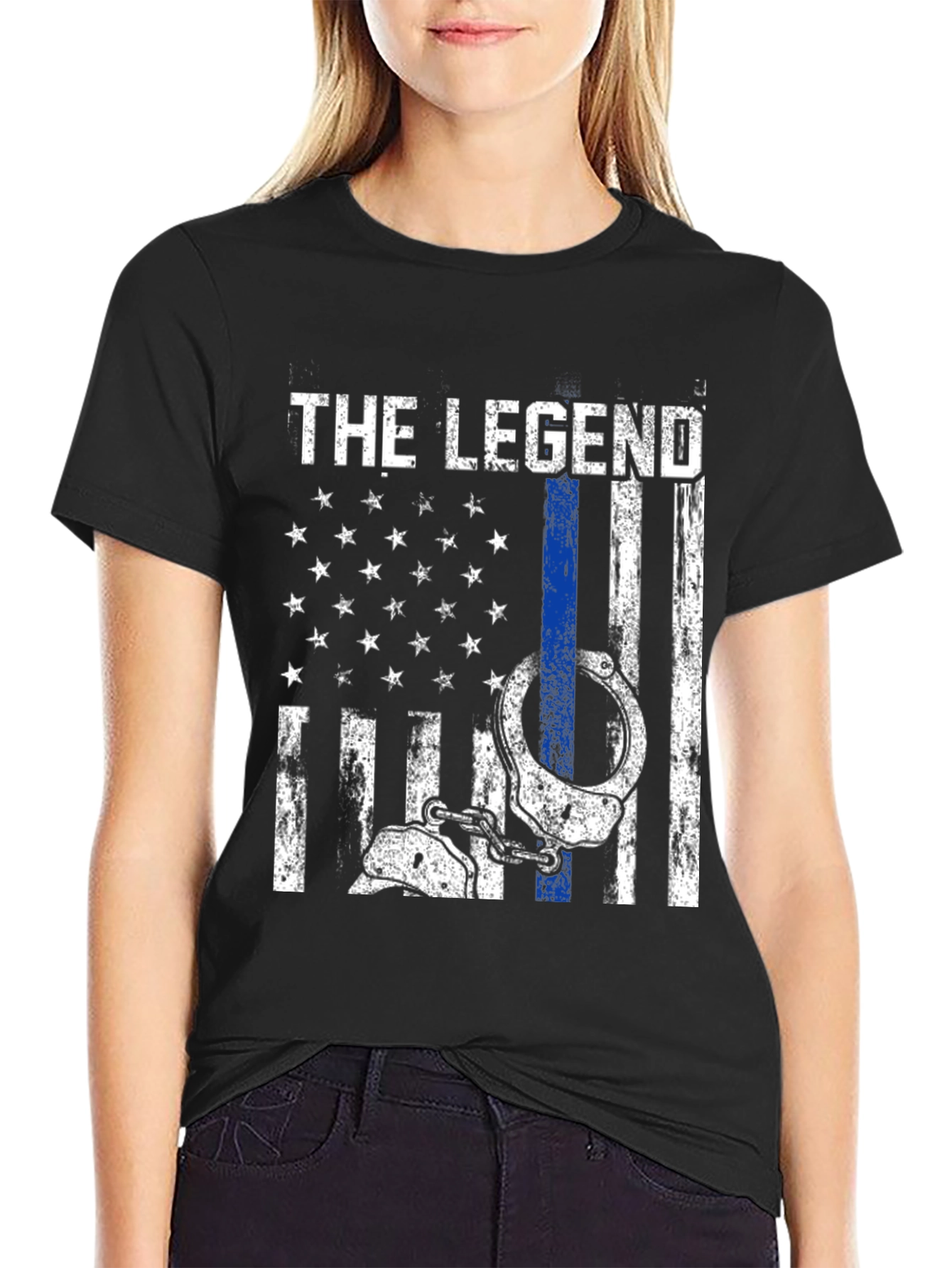 Black The Legend Police Flag T-Shirt view 2