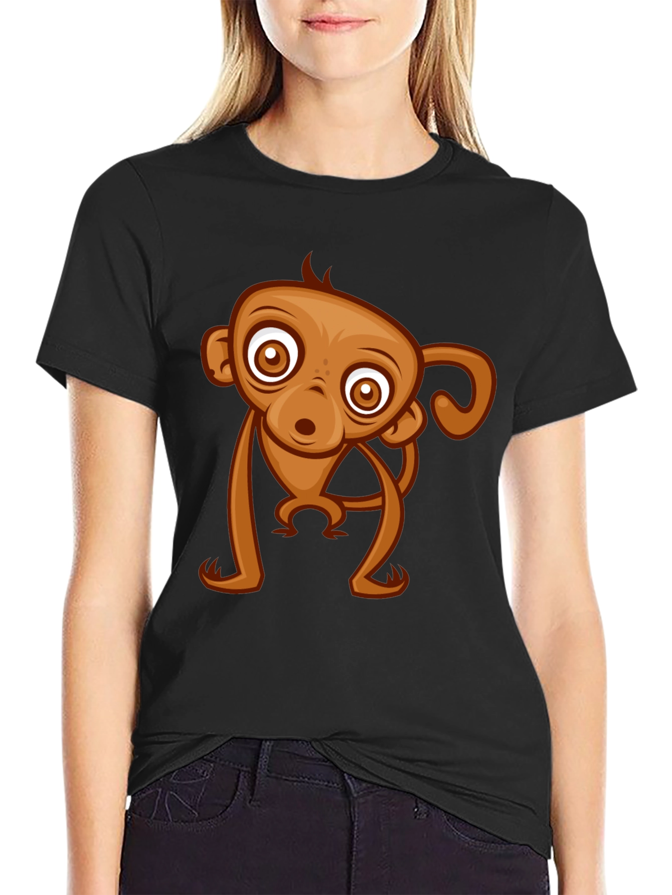 Black Cute Monkey Graphic Tee - Black Cotton T-Shirt view 2