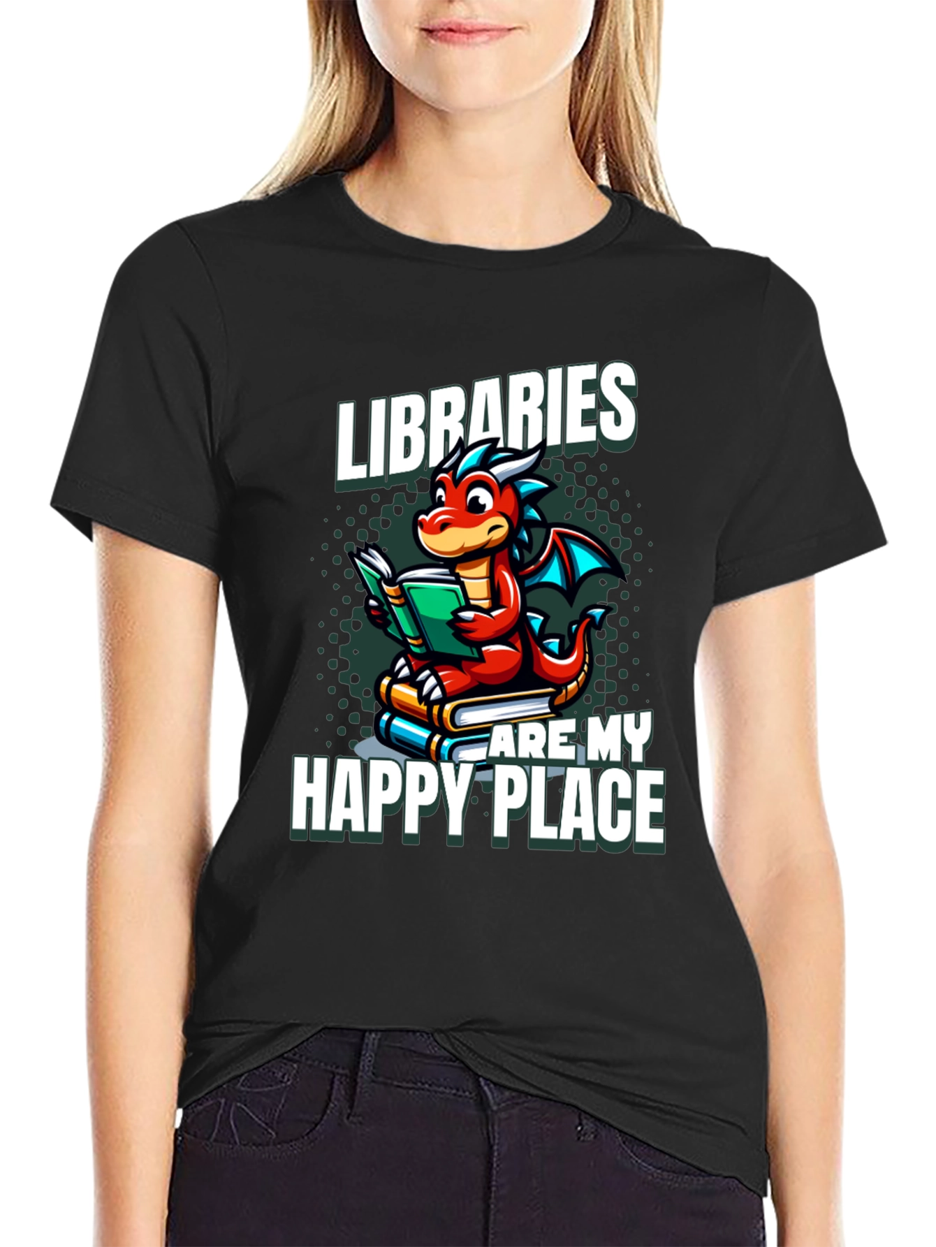 Black Libraries Are My Happy Place Dragon Reading Book T-Shirt view 2