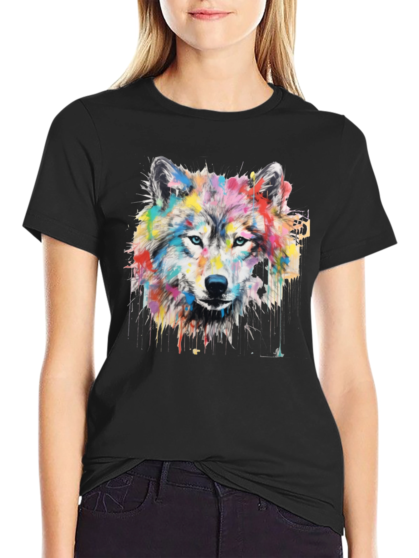 Black Colorful Wolf Graphic Print Men's Black T-Shirt view 2