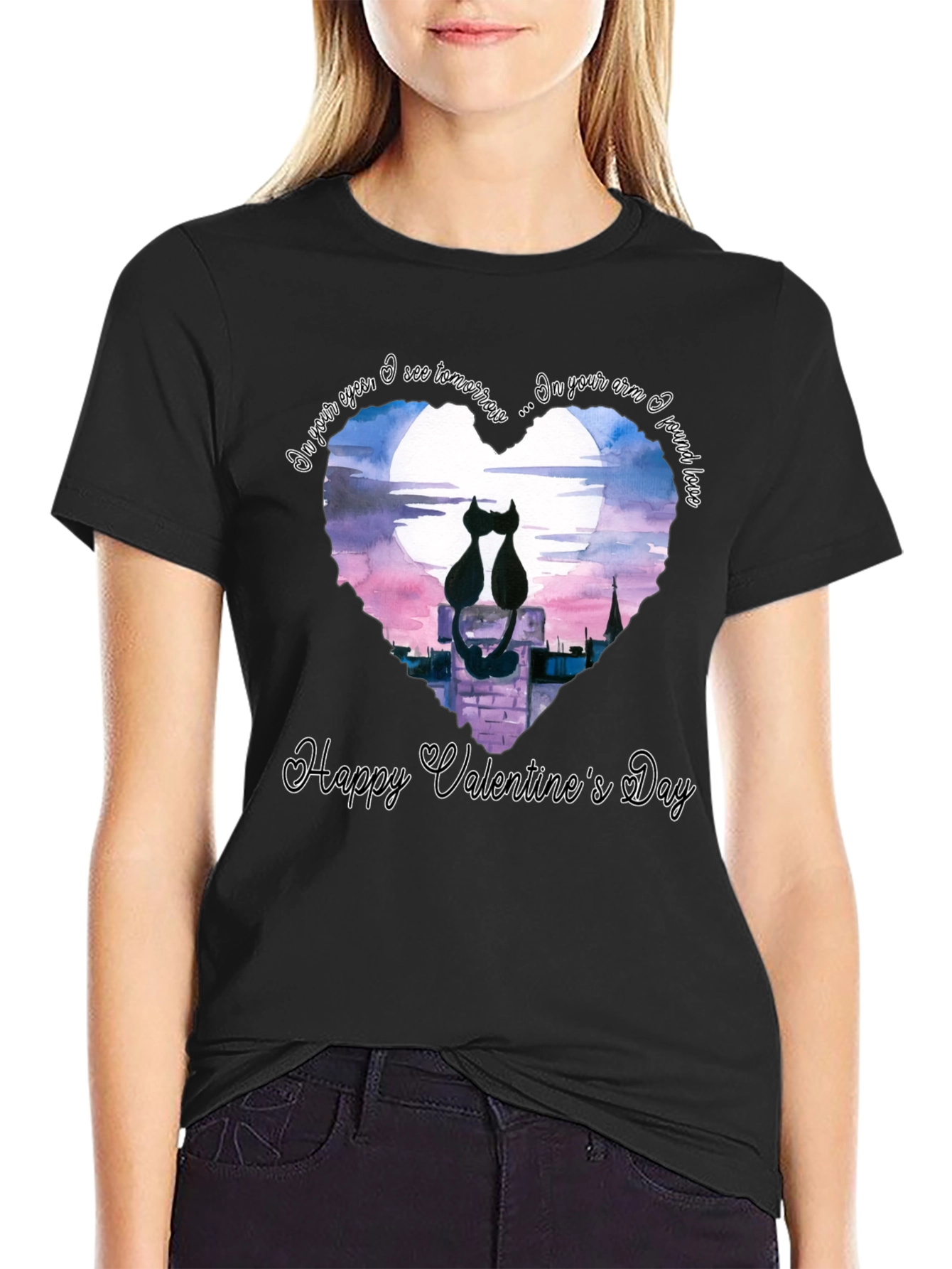 Black Valentine's Cat Lovers Black T-Shirt view 2