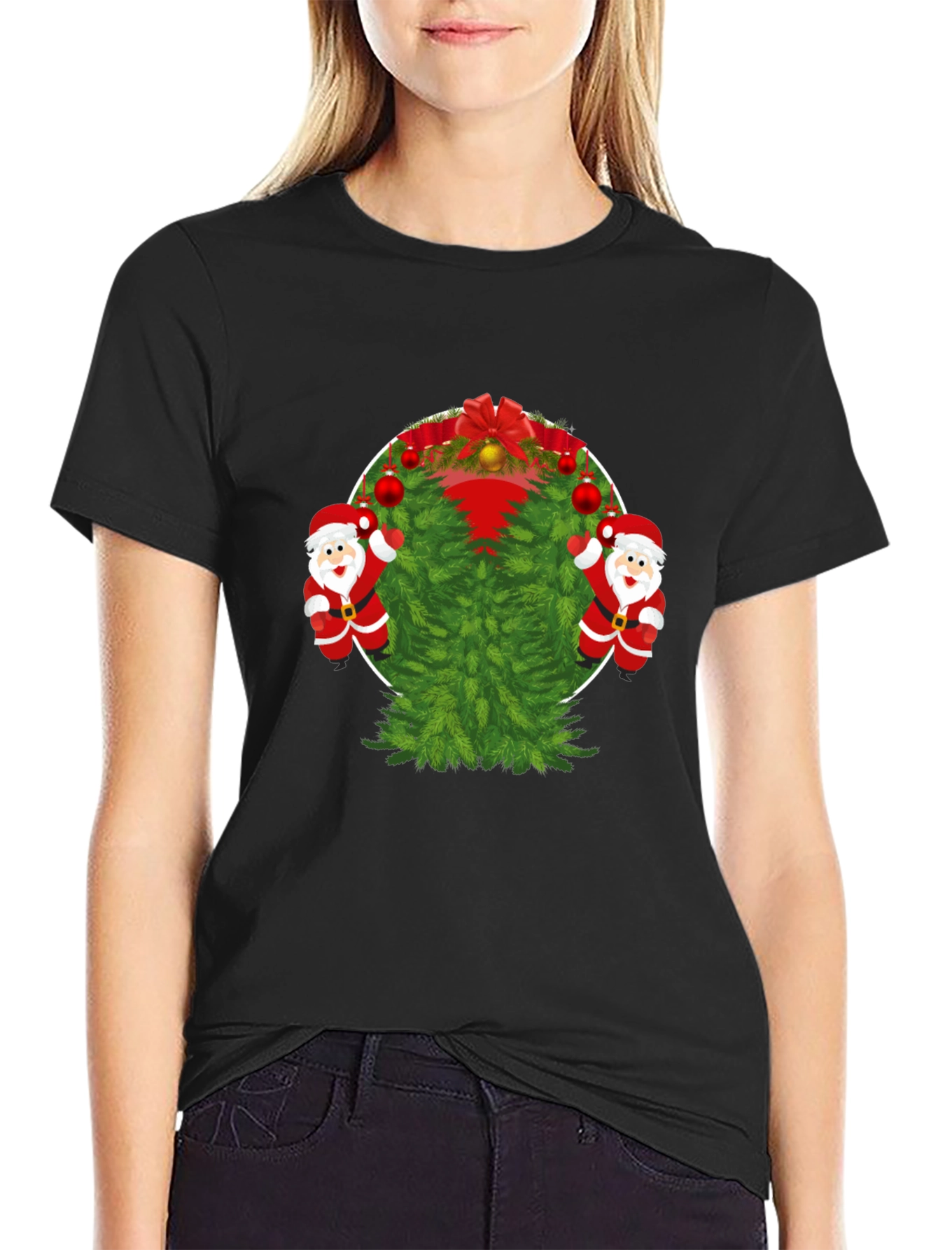 Black Festive Christmas Tree & Santa T-Shirt view 2