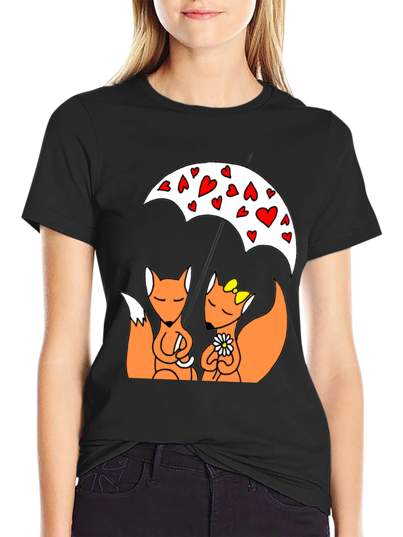 Black Foxes in Love T-Shirt - Cute Cartoon Design view 2