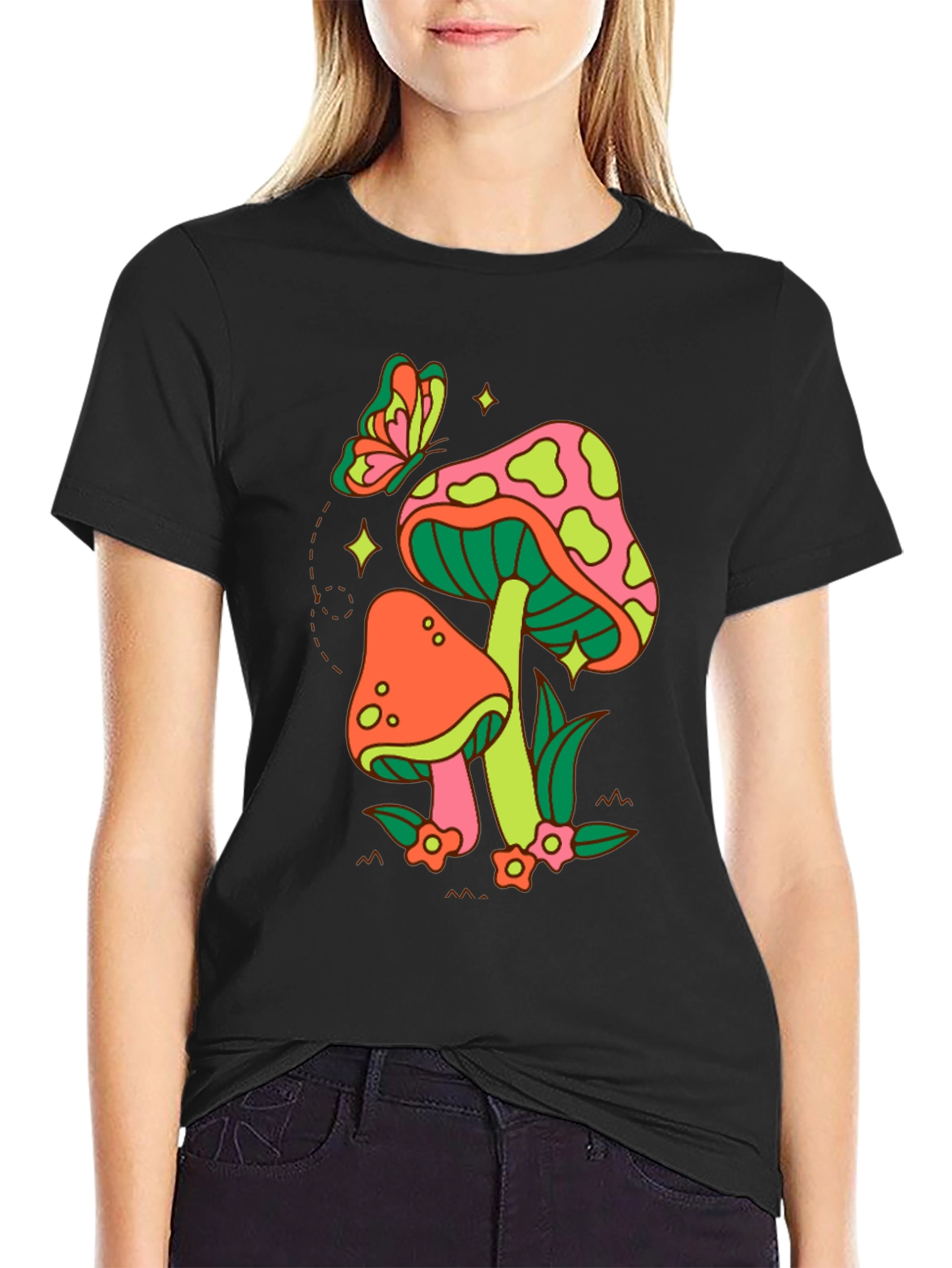 Black Groovy Mushroom & Butterfly Graphic Tee view 2