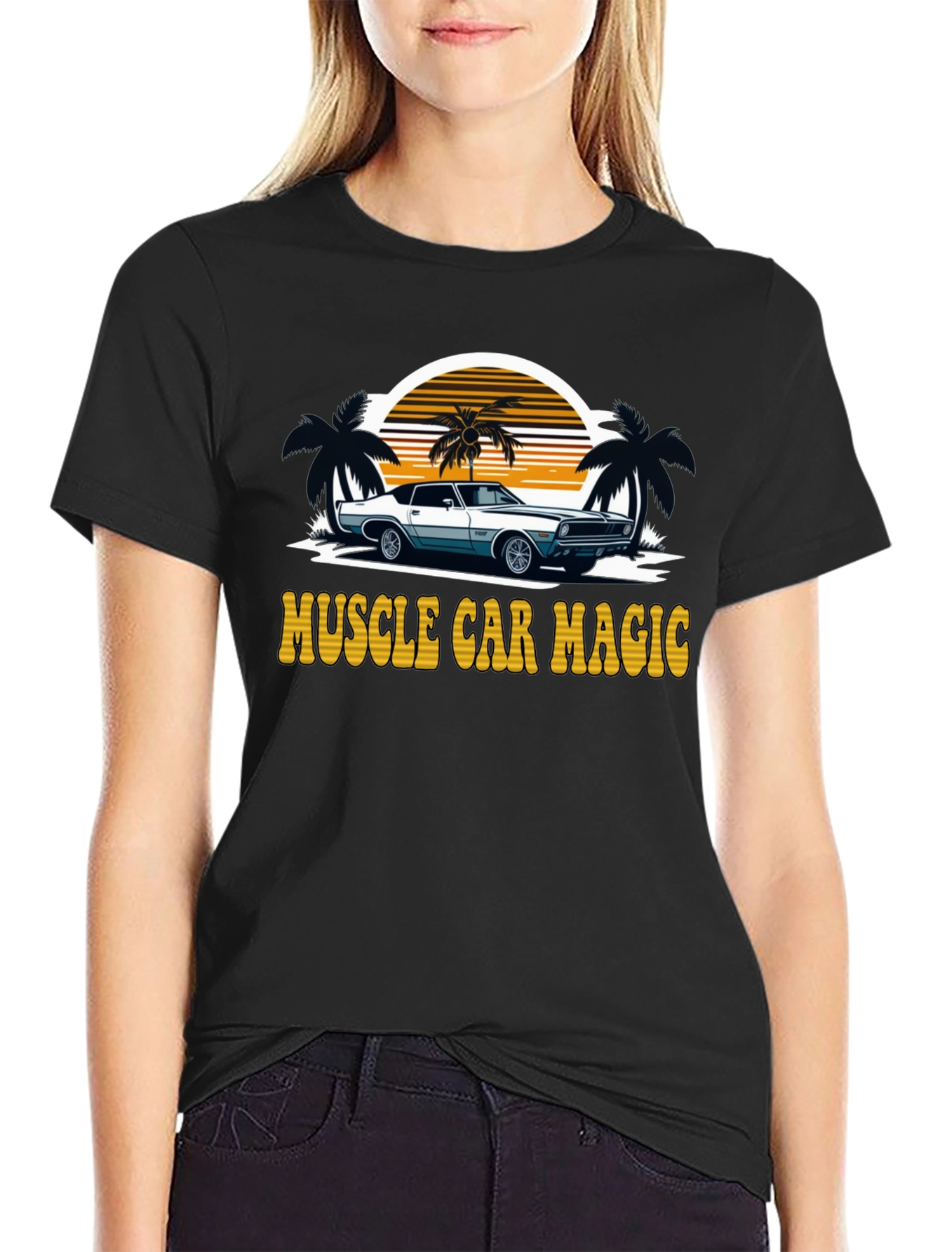 Black Muscle Car Magic Tee - Vintage Sunset Design view 2