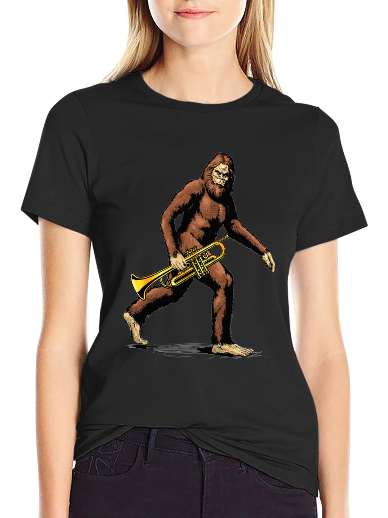 Black Bigfoot Trumpet Player Graphic T-Shirt view 2