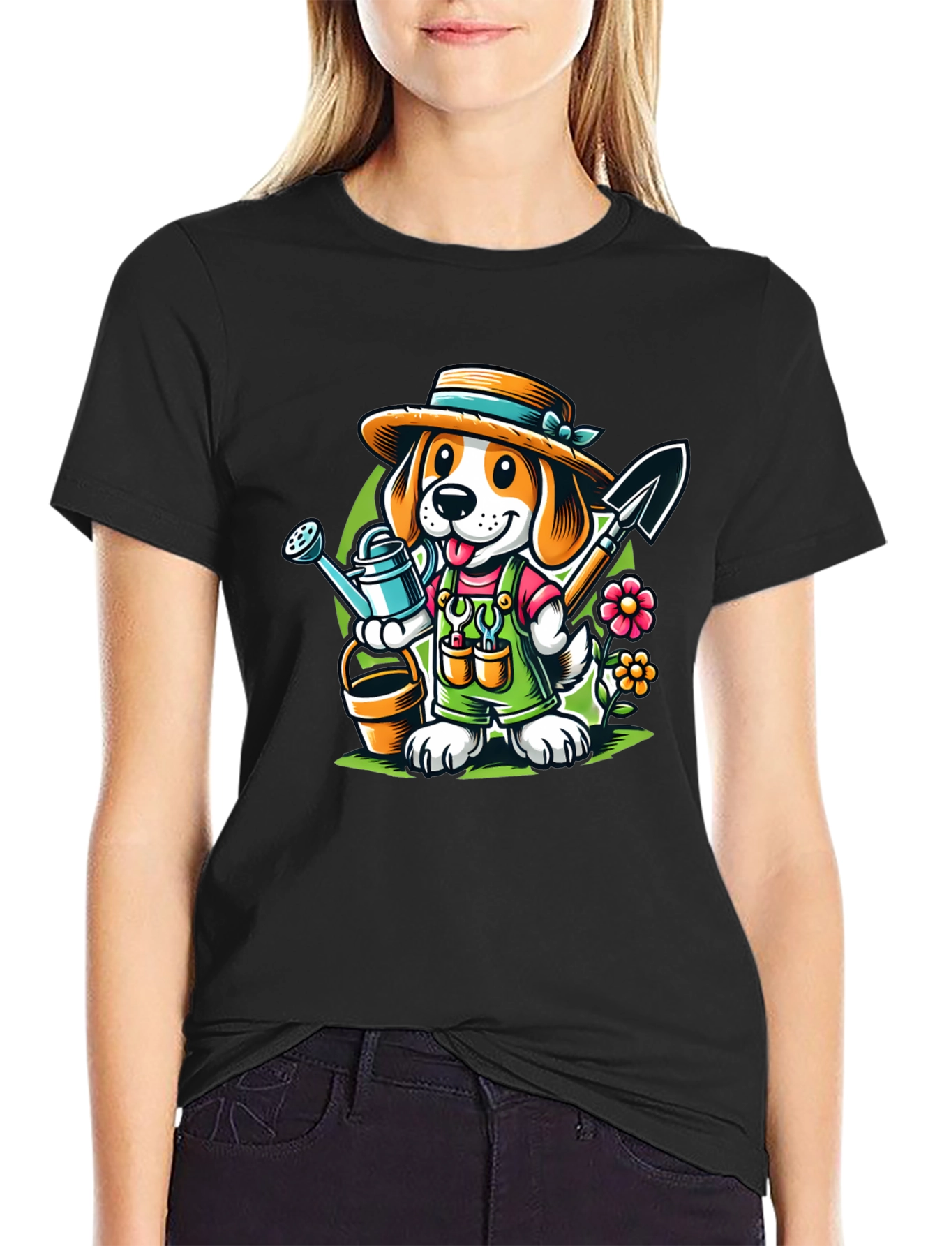 Black Gardener Dog T-Shirt - Cute Cartoon Animal Tee view 2
