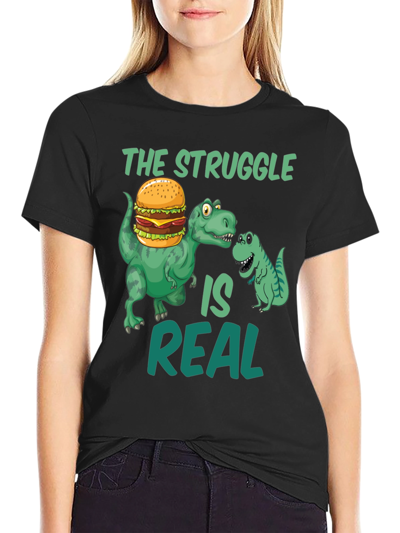 Black Dinosaur Burger T-Shirt - The Struggle Is Real Funny Tee view 2