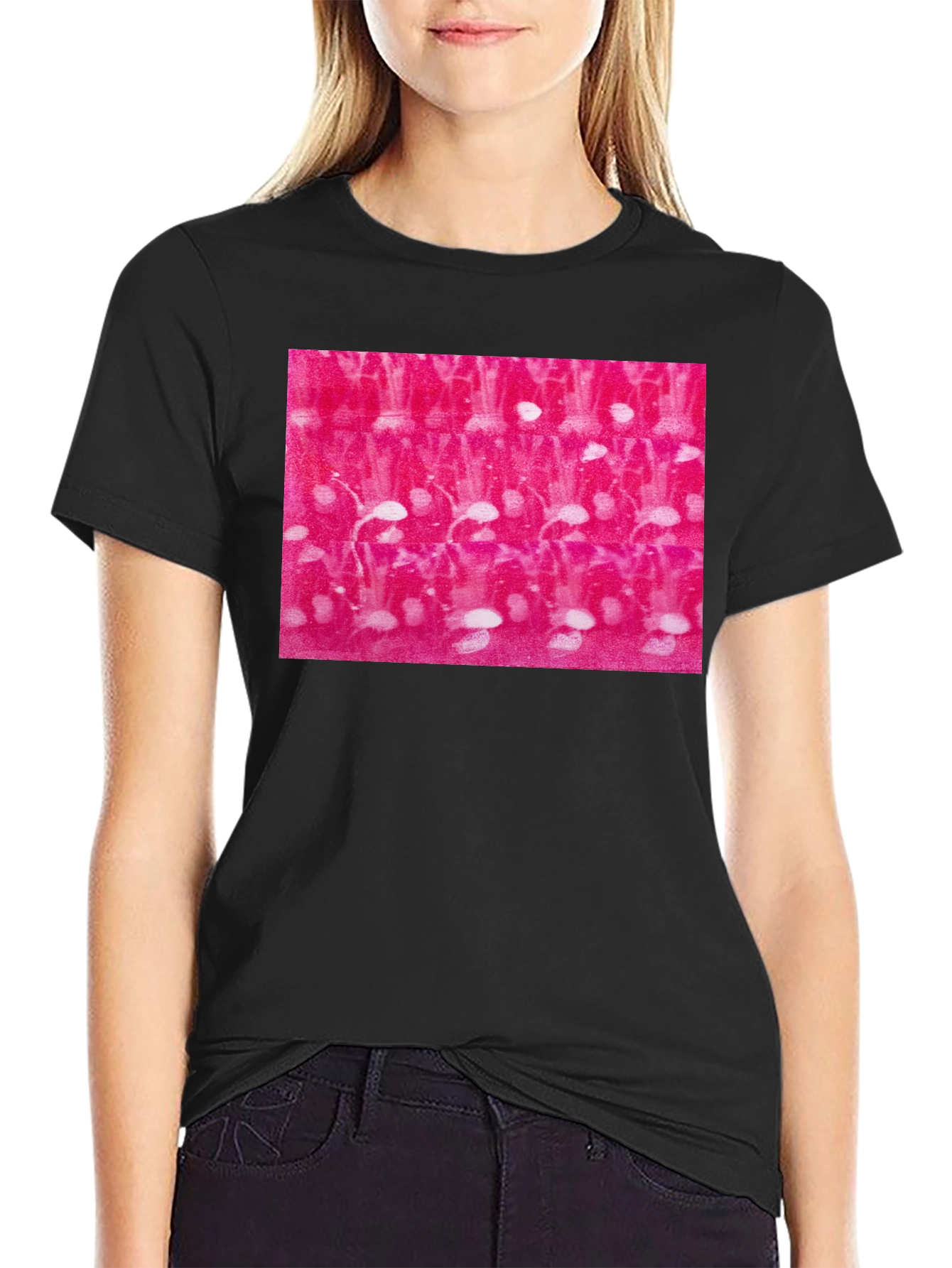 Black Abstract Pink and White Pattern Black T-Shirt view 2