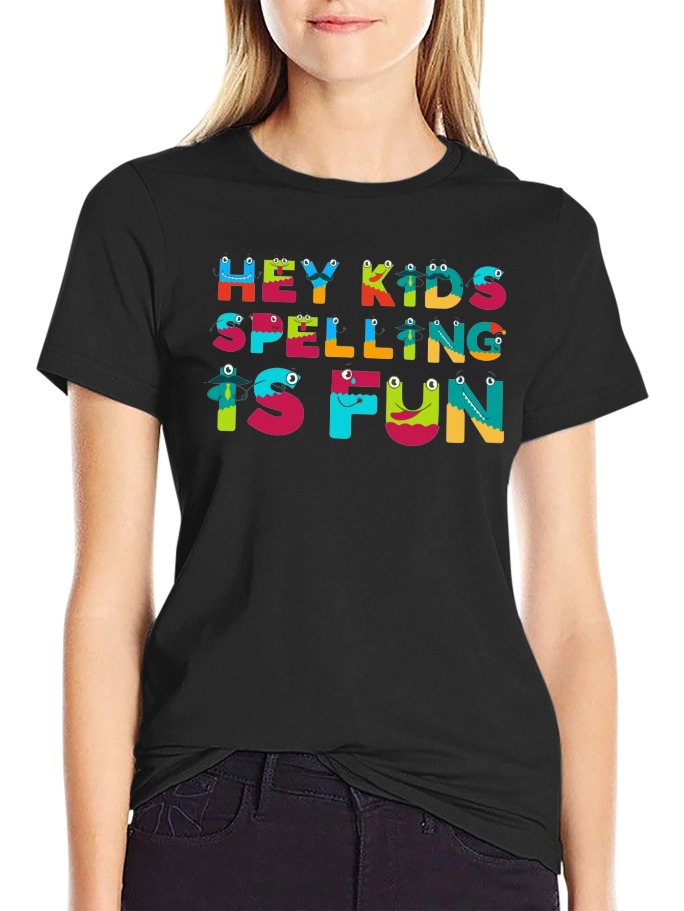 Black Hey Kids Spelling is Fun Black T-Shirt view 2