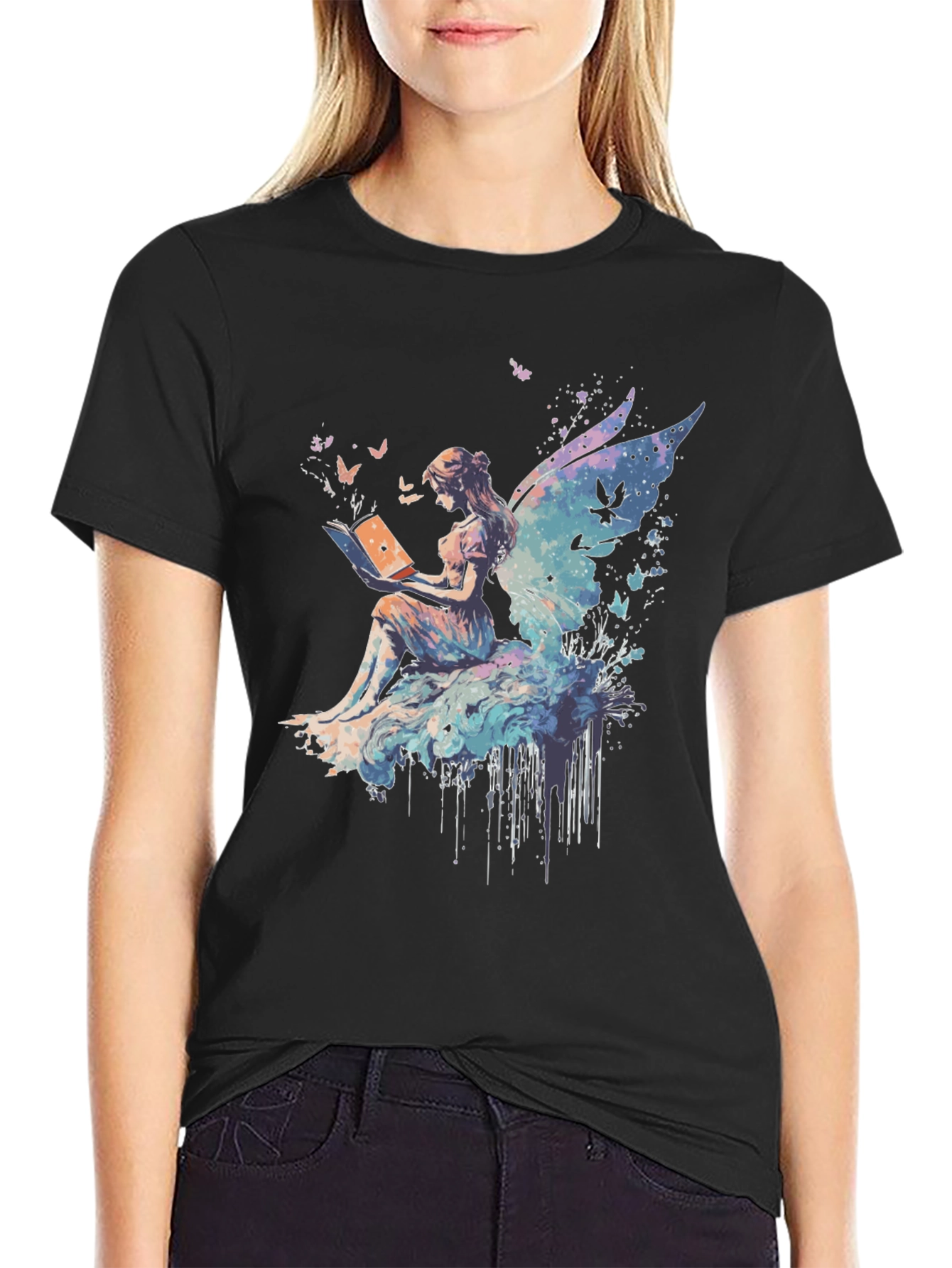 Black Whimsical Fairy Reading Book Graphic T-Shirt view 2