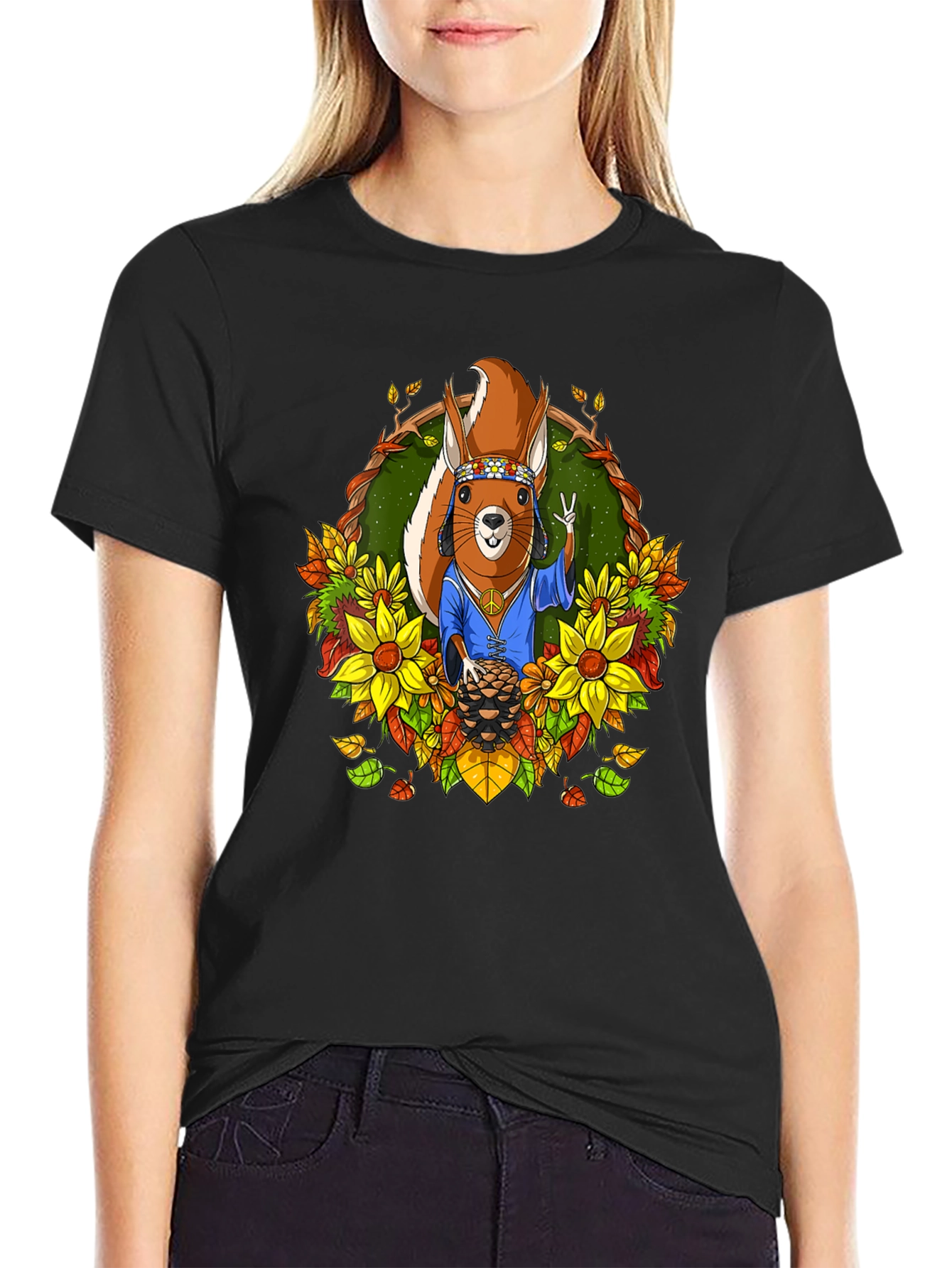 Black Hippie Squirrel T-Shirt: Peace, Love, & Nuts view 2