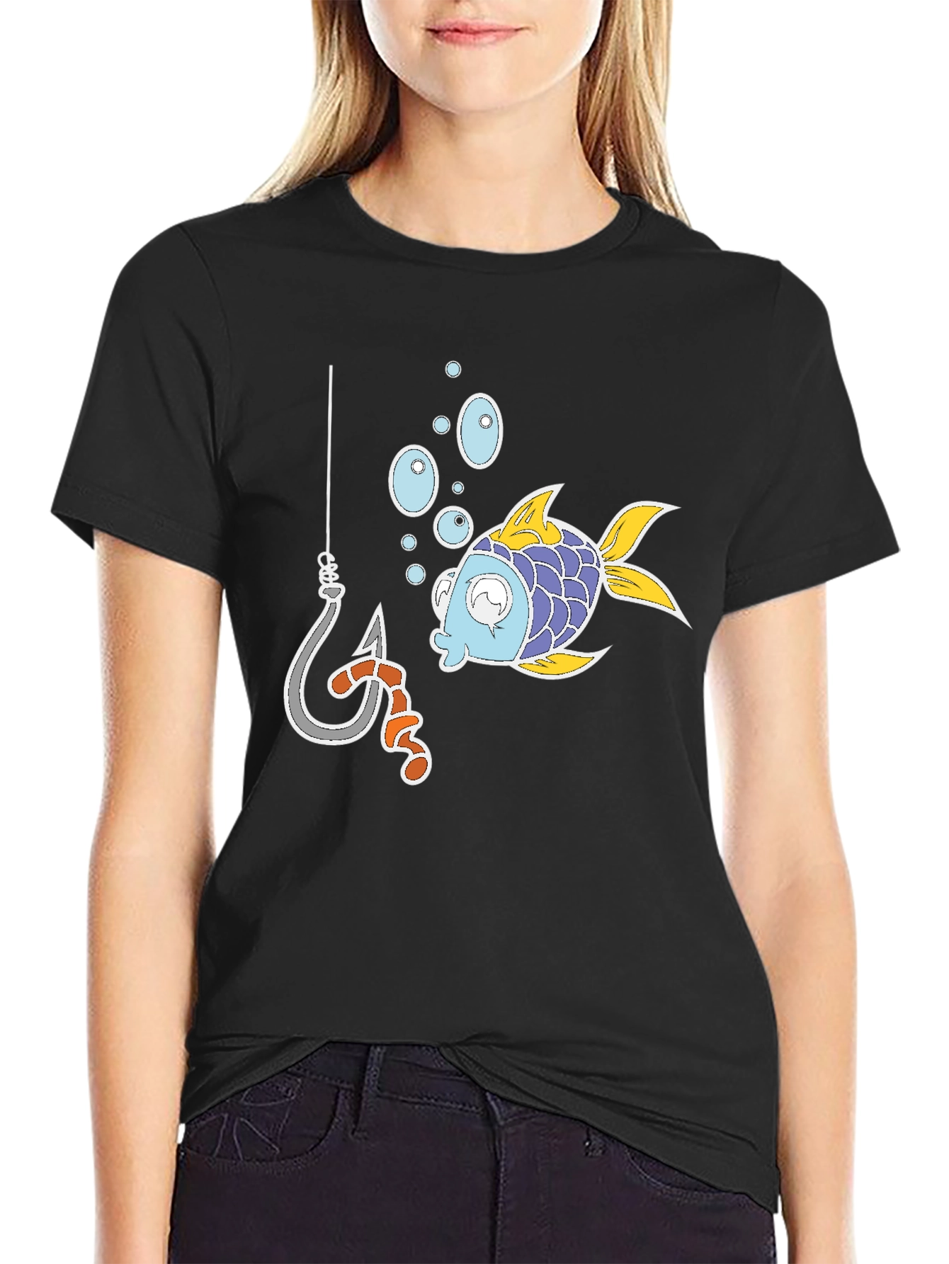 Black Funny Fish Hook Cartoon Graphic Tee view 2
