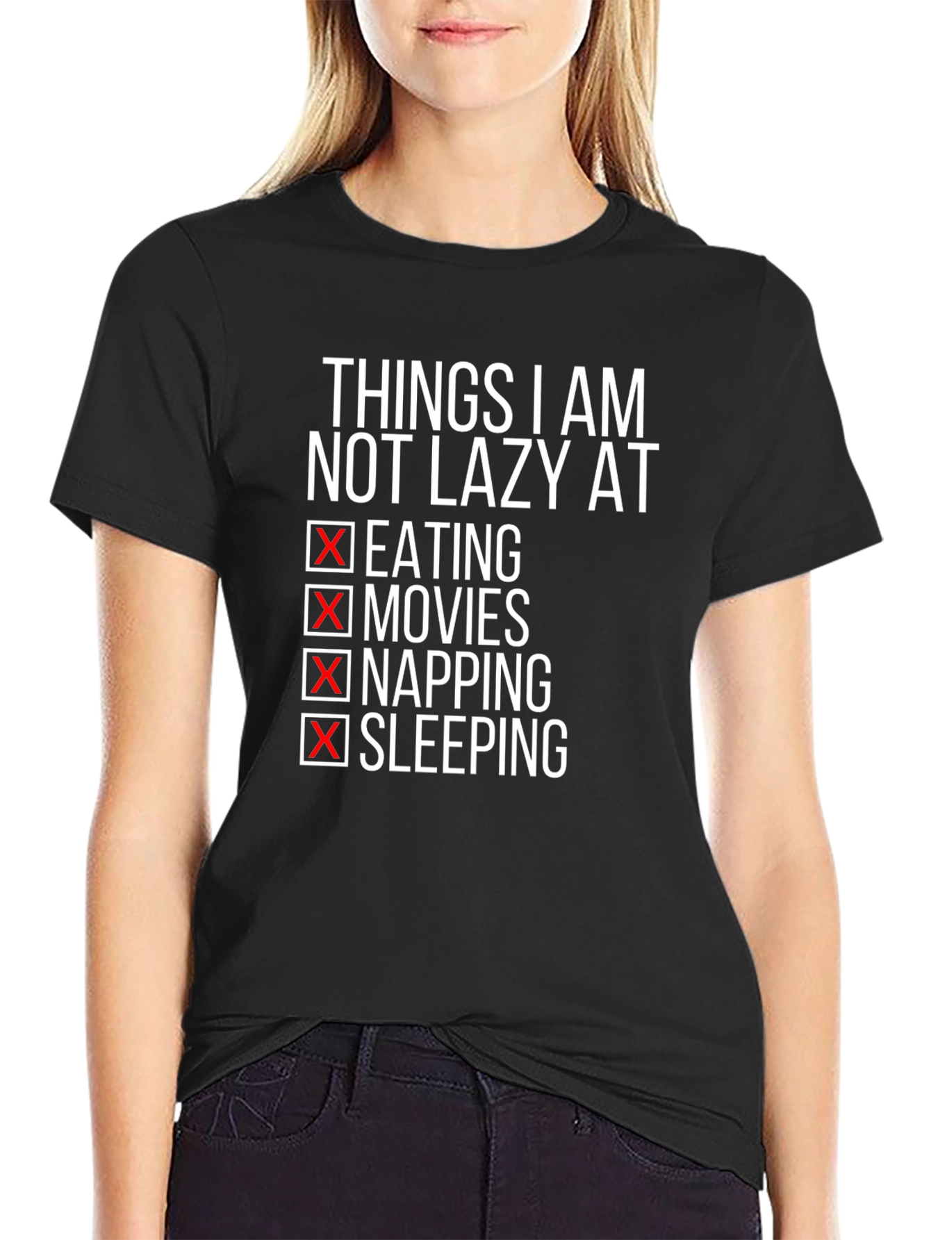 Black Funny Lazy T-Shirt - Eating Movies Napping Sleeping view 2