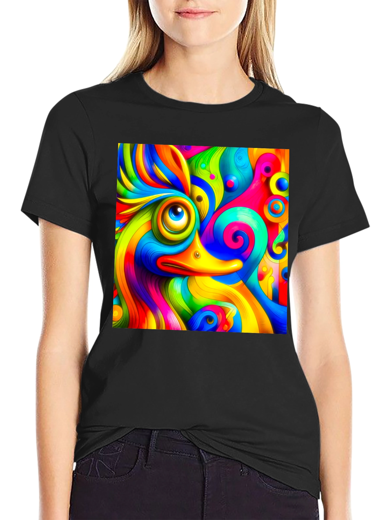 Black Psychedelic Duck Graphic Tee - Vibrant Colors view 2