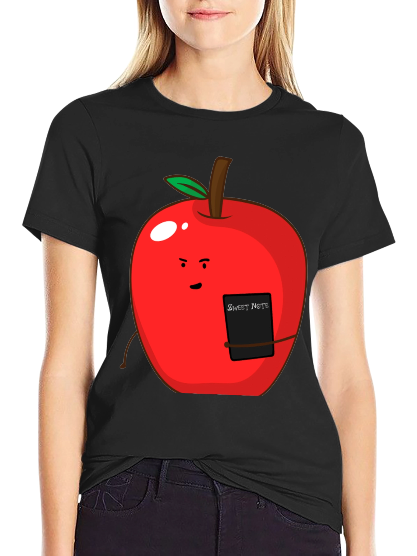 Black Sweet Note Apple Graphic Tee - Novelty Fruit Shirt view 2