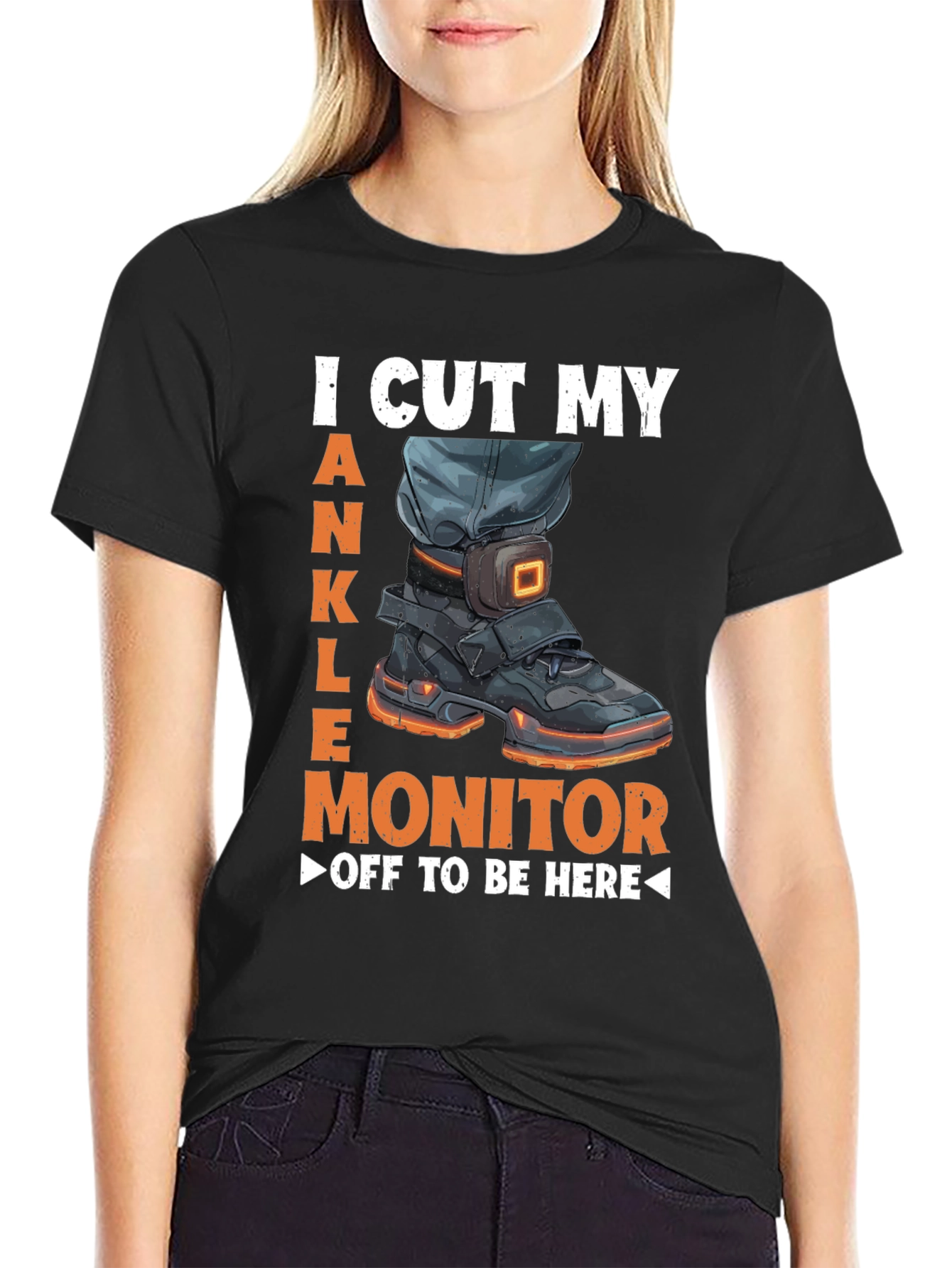 Black Ankle Monitor Cut Off T-Shirt Funny Humor Novelty Tee view 2