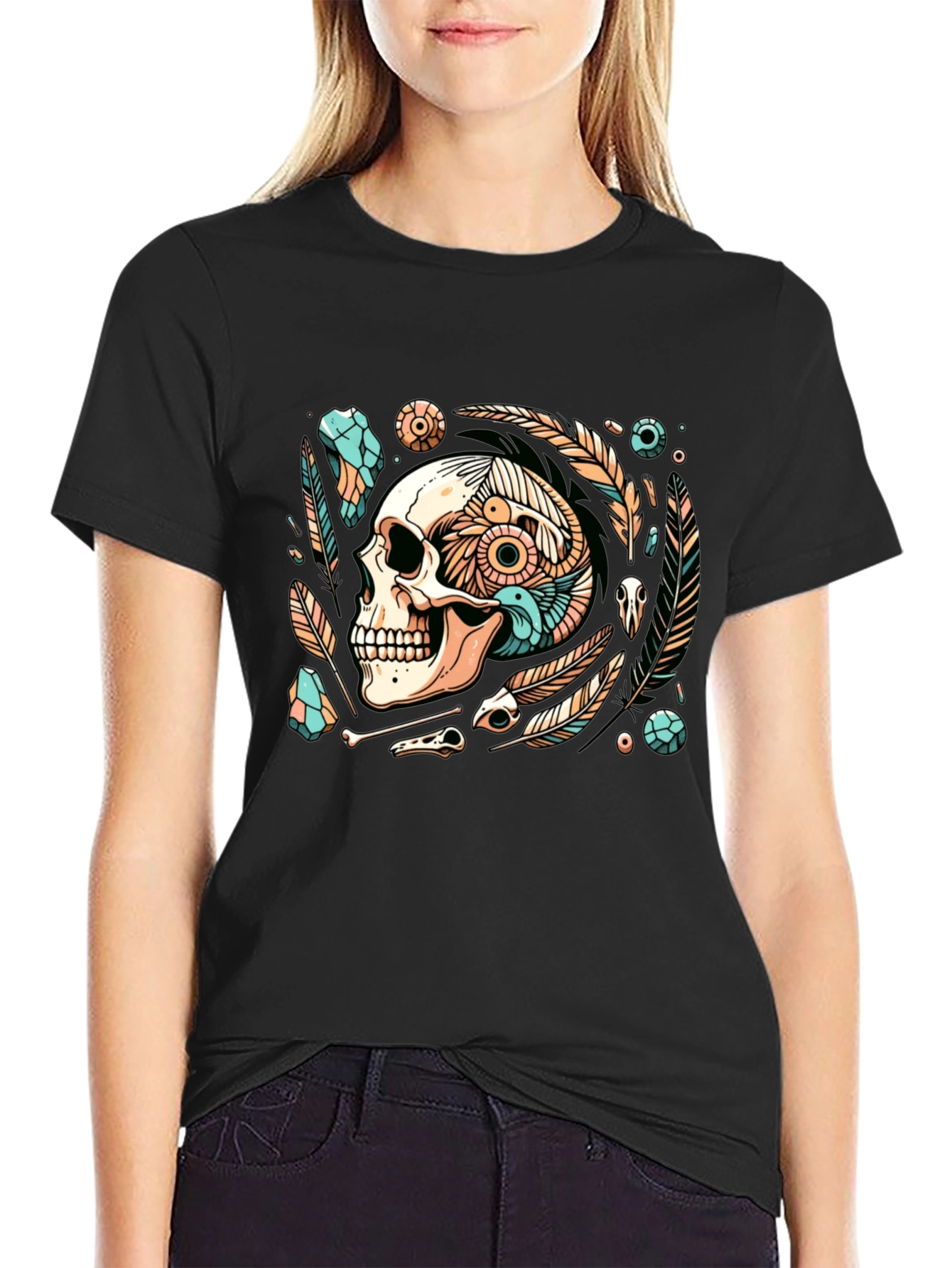 Black Skull & Feather Graphic Tee - Edgy Style view 2