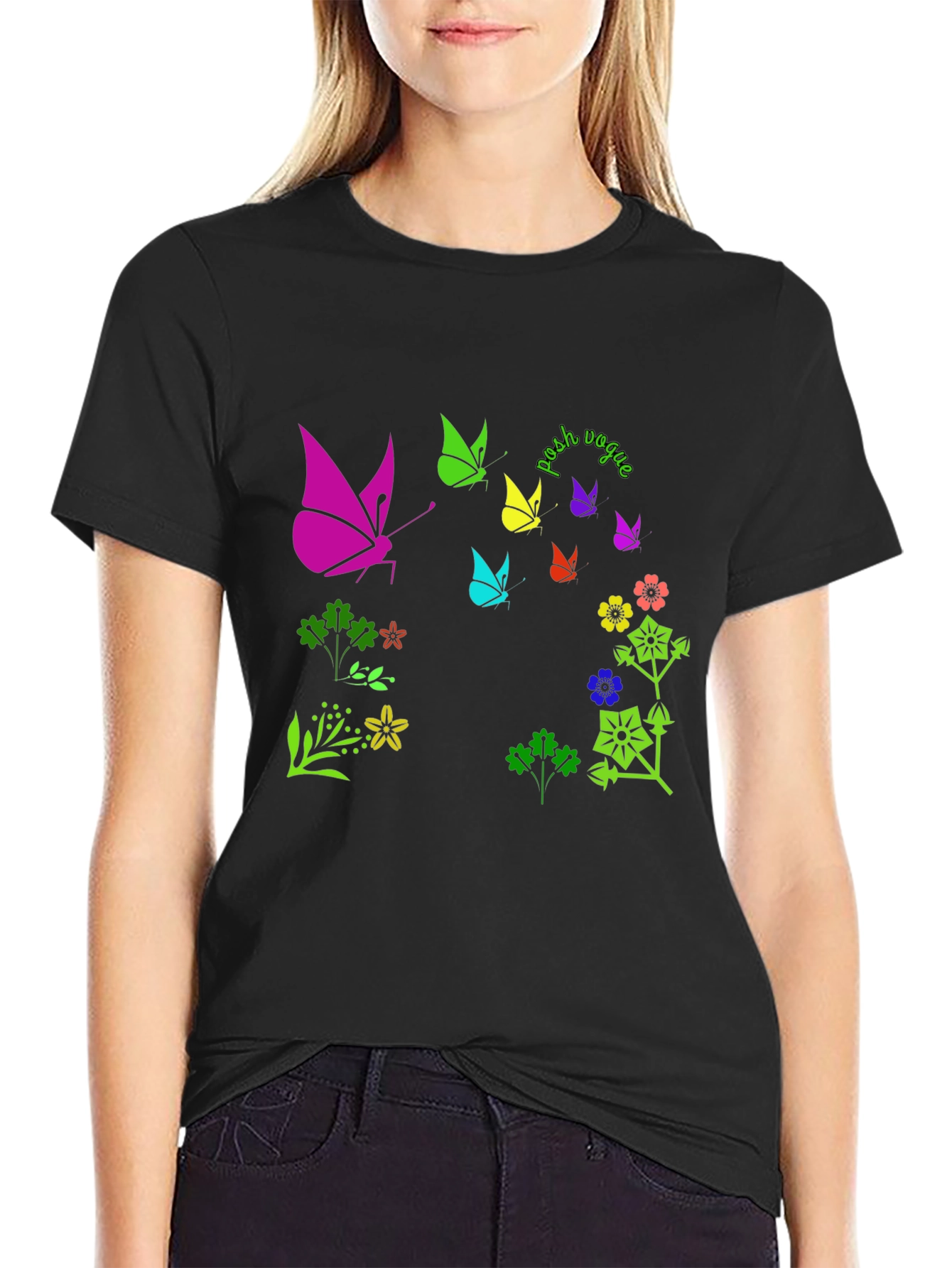Vibrant Butterfly & Floral Print Black T-Shirt - 2