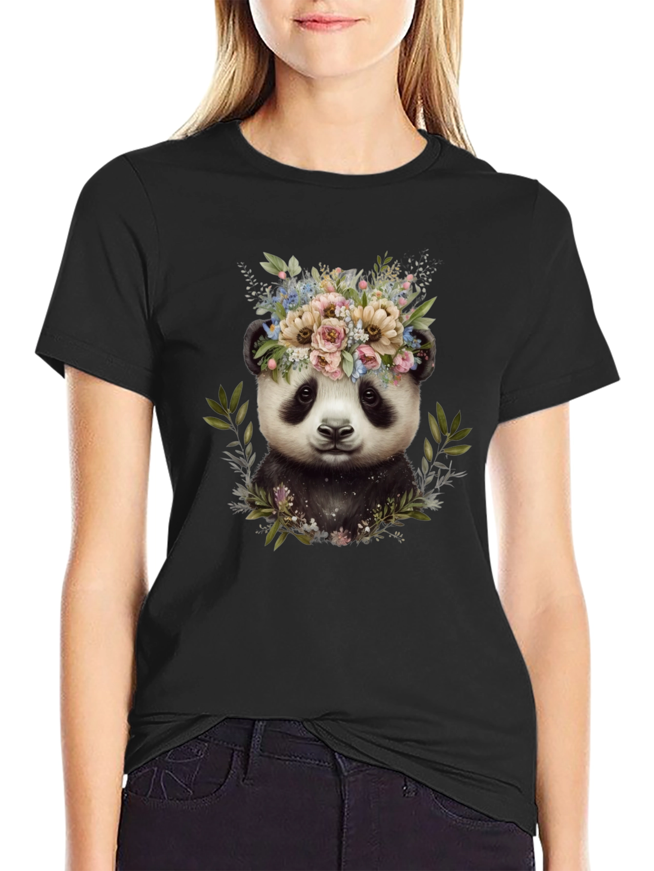 Black Panda Floral Wreath Tee - Unique Graphic Print T-Shirt view 2