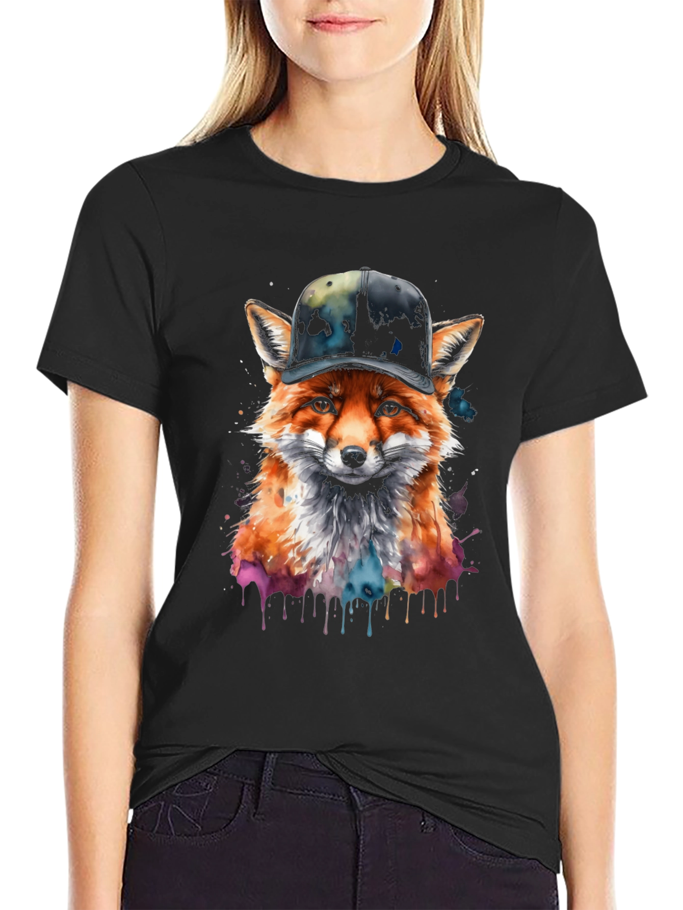 Black Fox in Hat Graphic Tee - Trendy Streetwear view 2