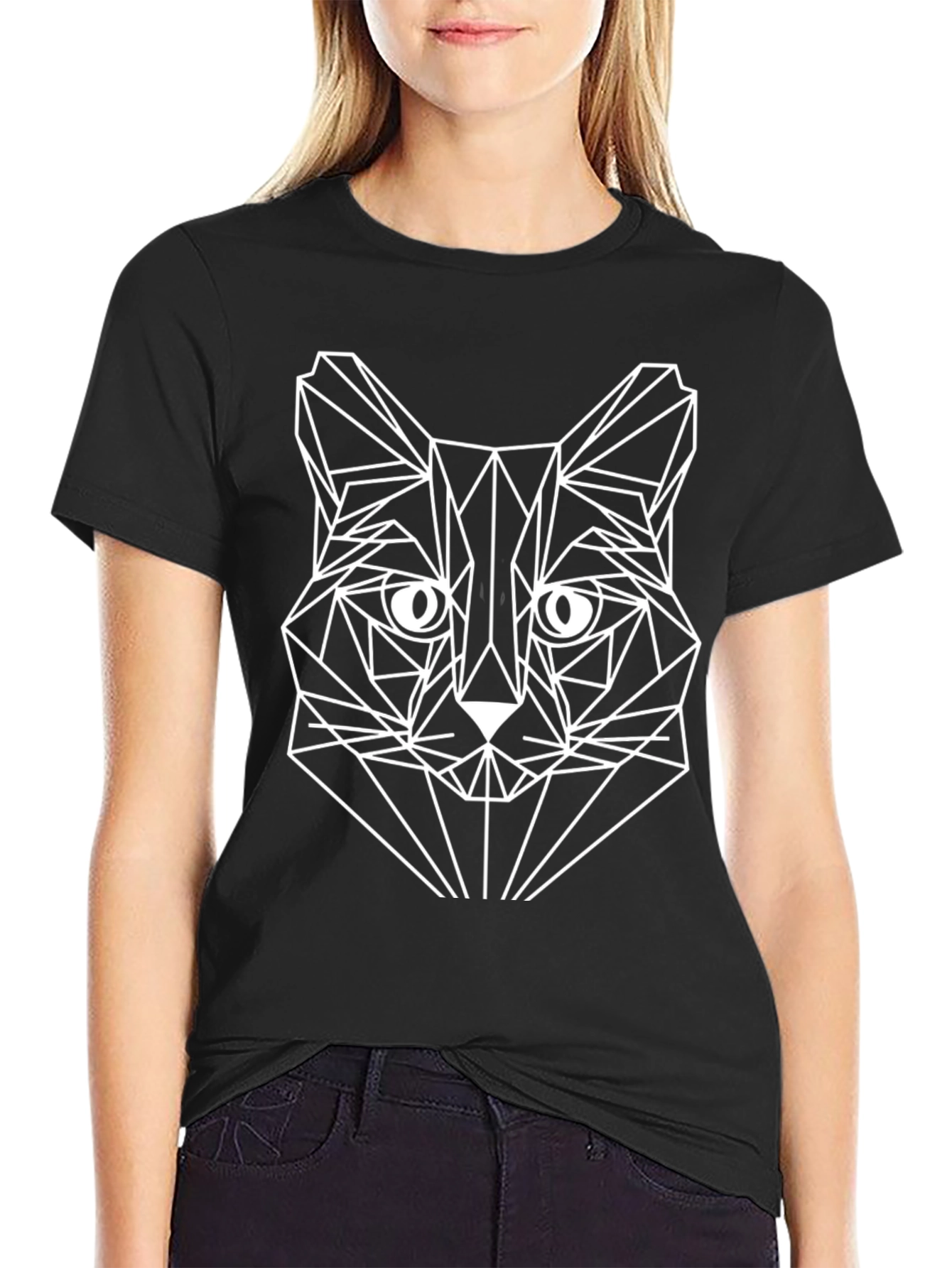Black Geometric Cat T-Shirt - Modern Art Tee view 2