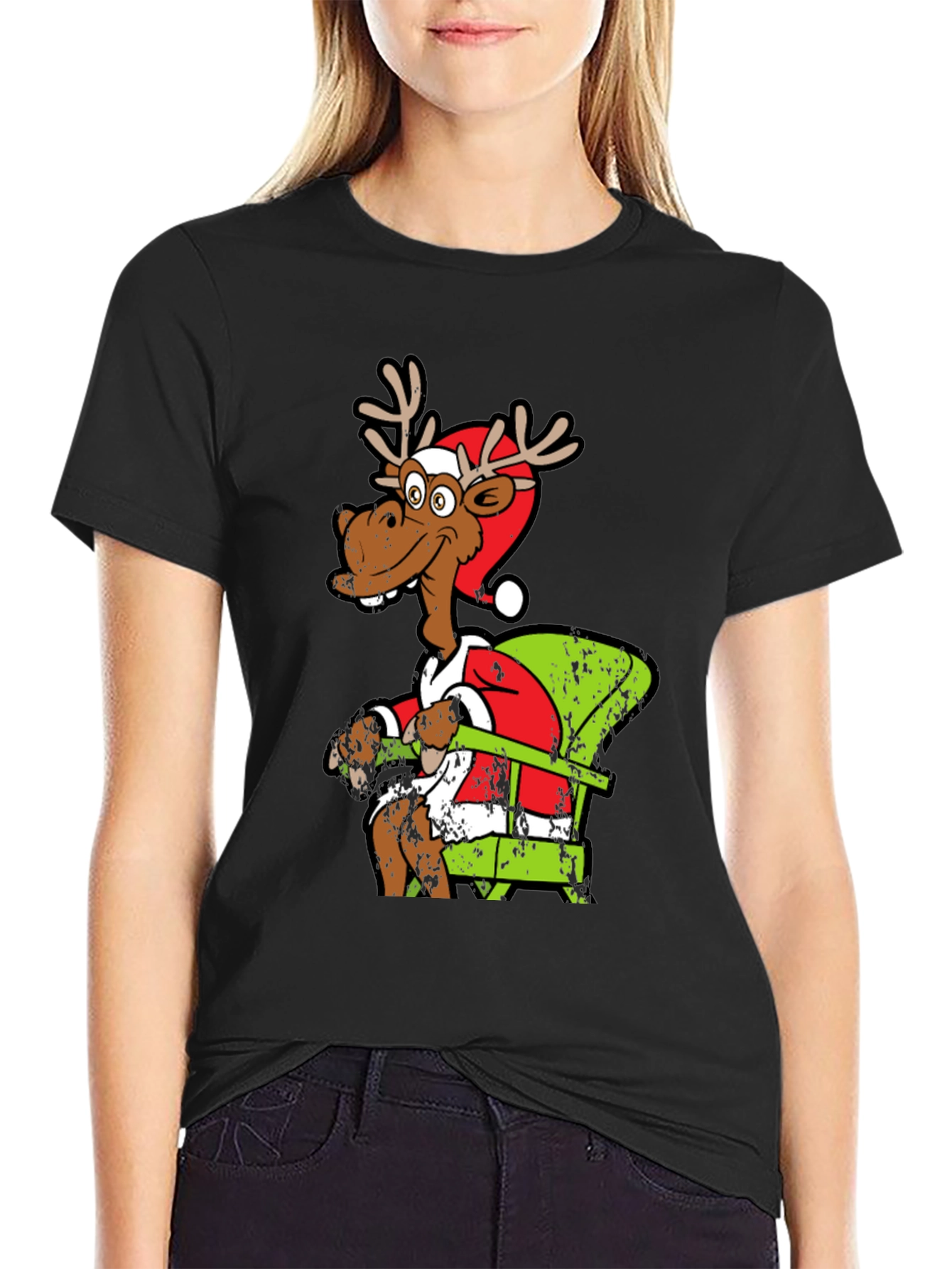 Black Funny Reindeer Santa T-Shirt view 2