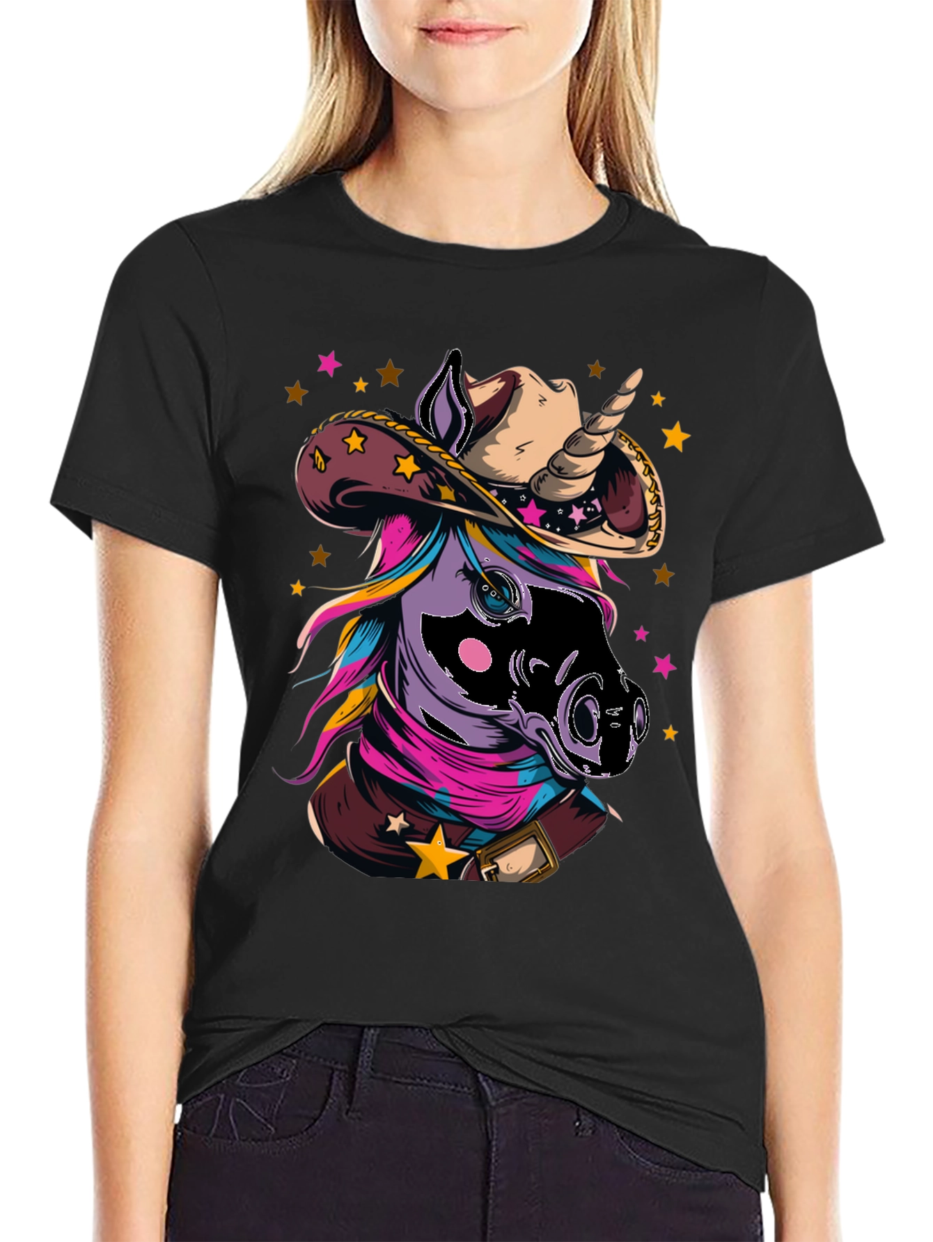 Black Cowboy Unicorn T-Shirt - Western Style Tee view 2