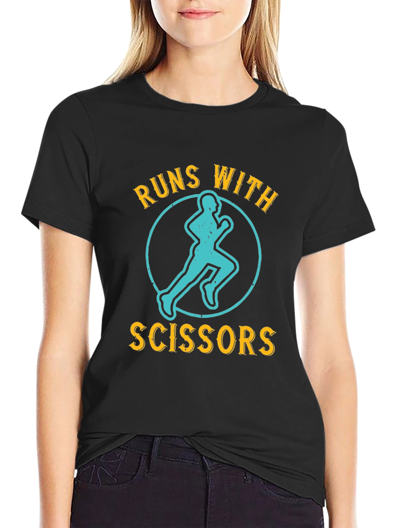 Black Runs With Scissors Graphic Tee - Funny Running T-Shirt view 2