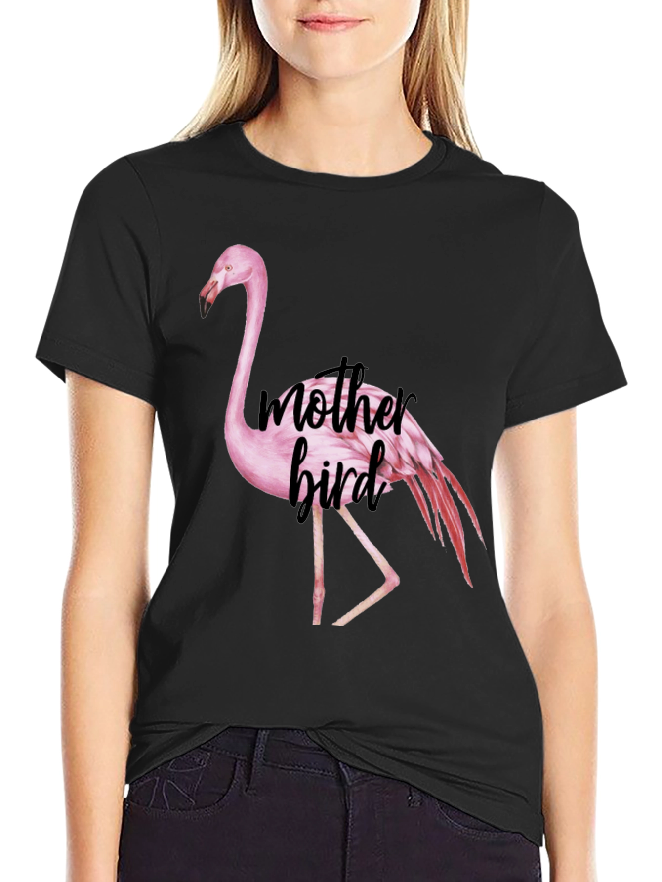 Black Mother Bird Flamingo Graphic Tee - Black Cotton Blend view 2