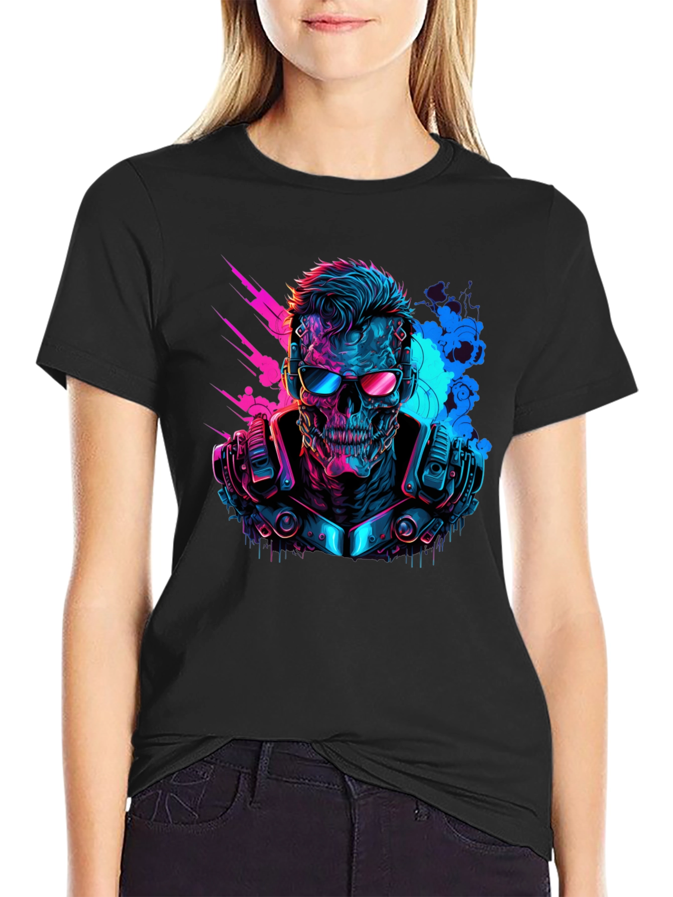 Black Cyberpunk Skull T-Shirt - Neon Techwear view 2