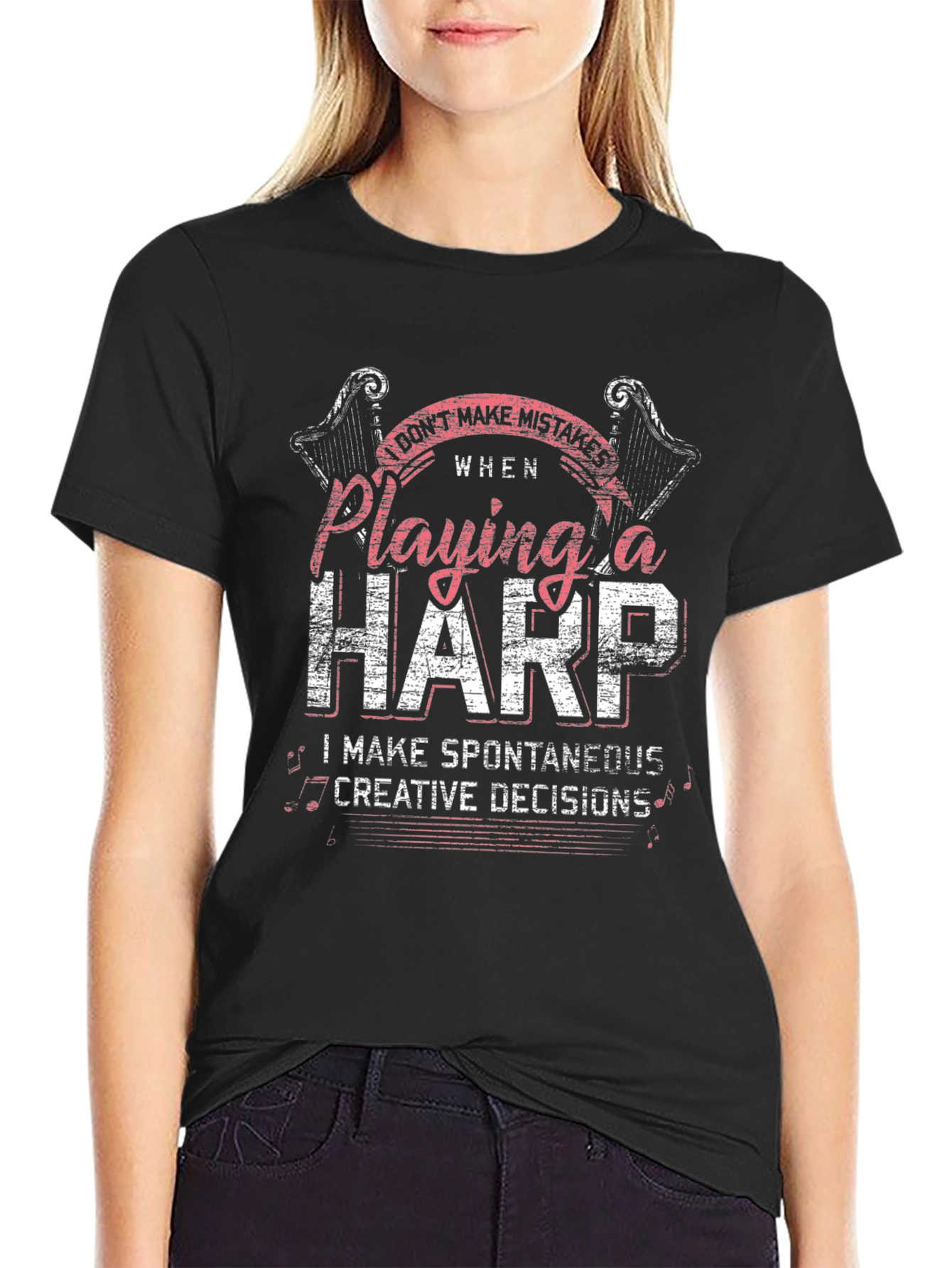 Black Harp Player Graphic T-Shirt - Spontaneous Creative Decisions view 2