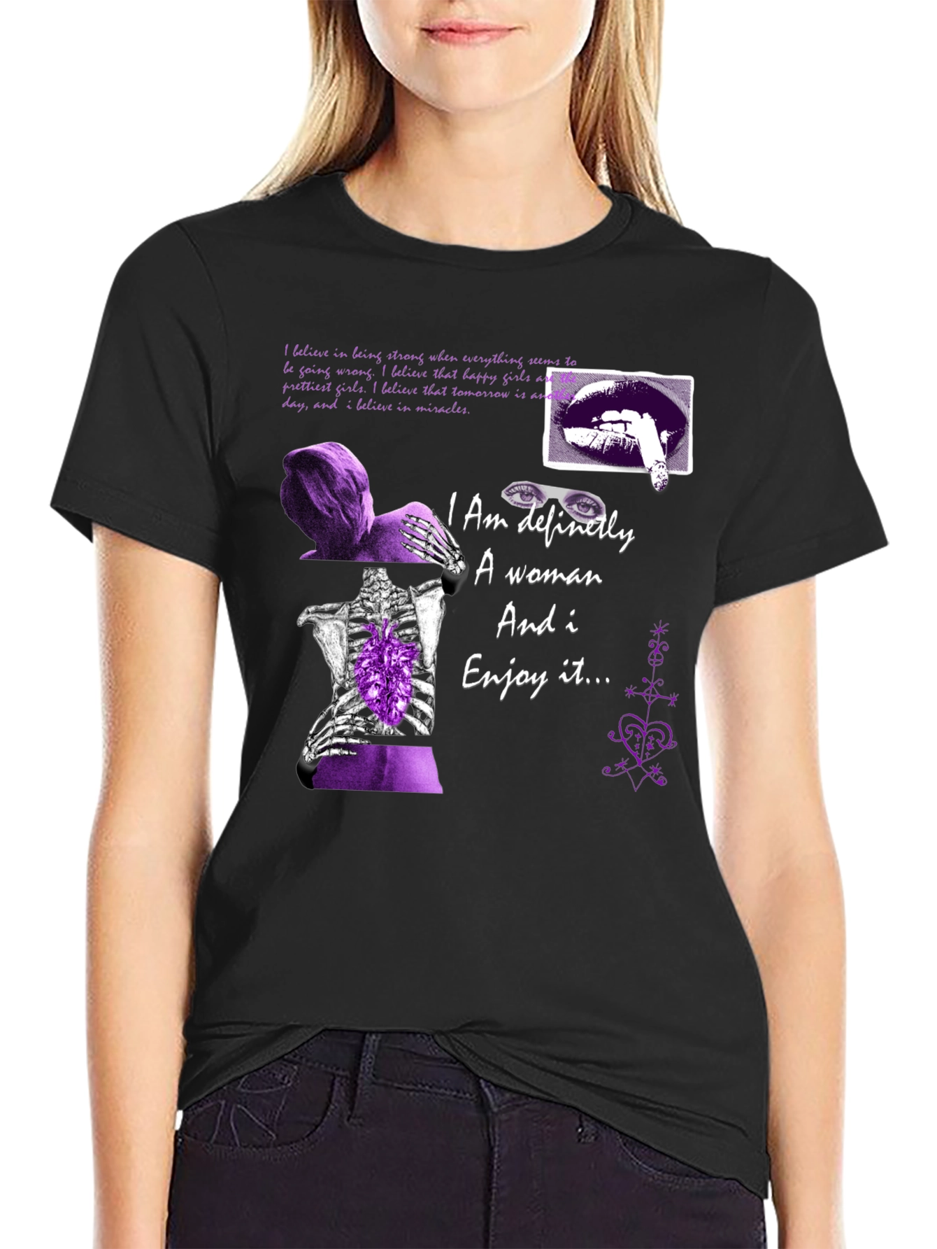 Black Edgy Purple Graphic Tee - "I Am Definitely A Woman" view 2