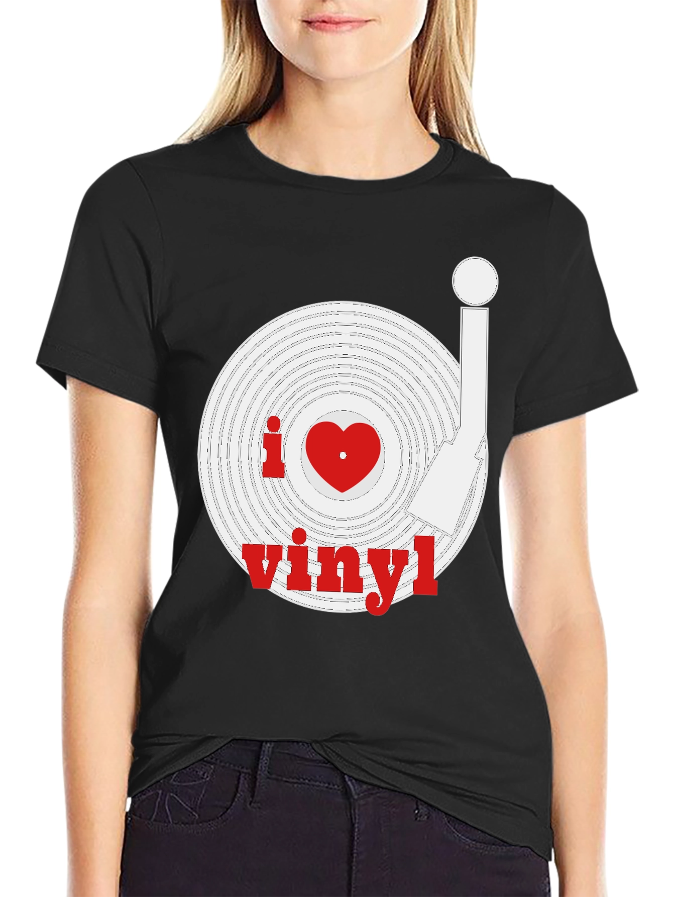 Black I Heart Vinyl Record Black T-Shirt view 2