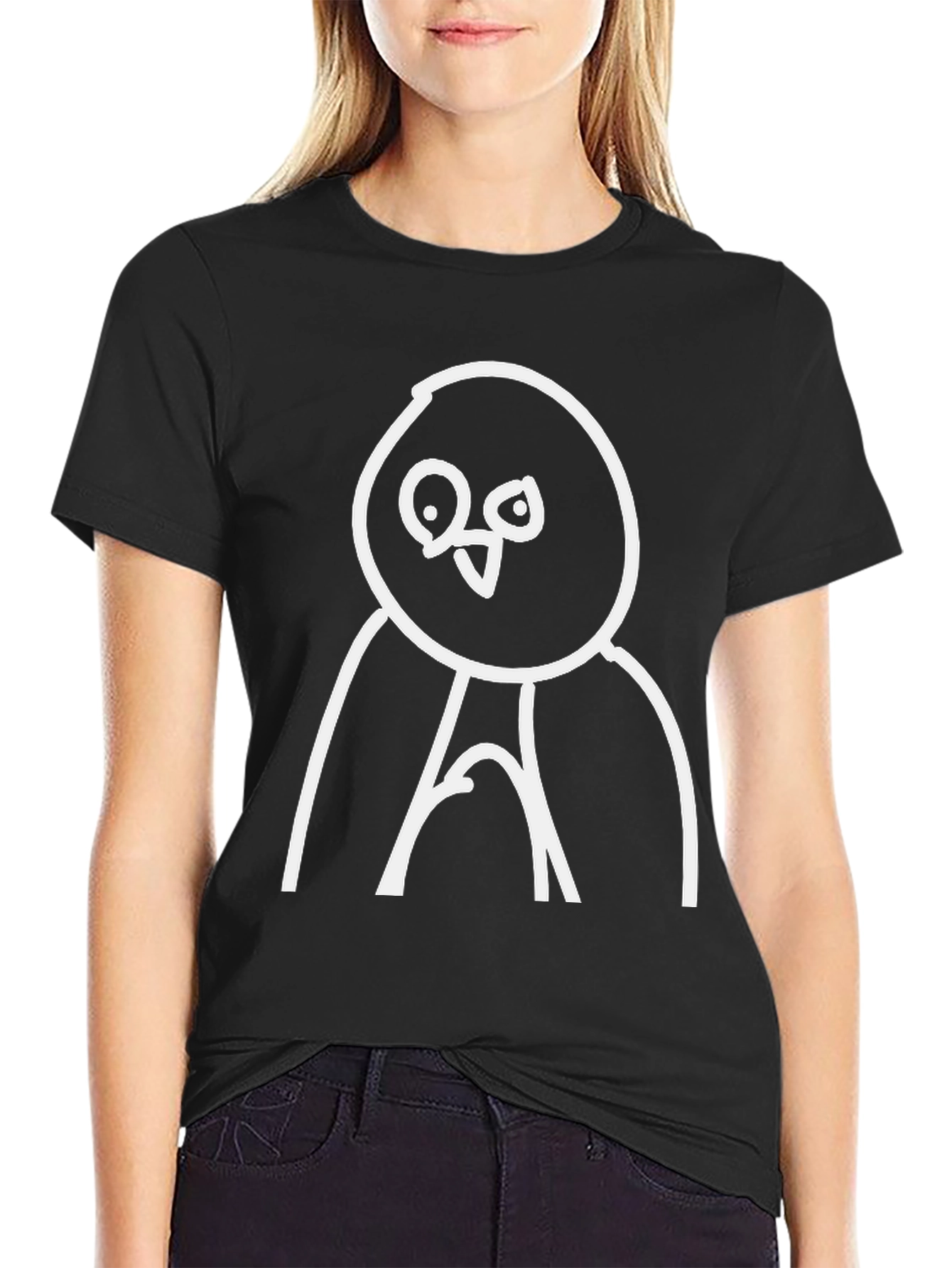 Black Quirky Cartoon Bird Graphic Tee - Black Cotton view 2