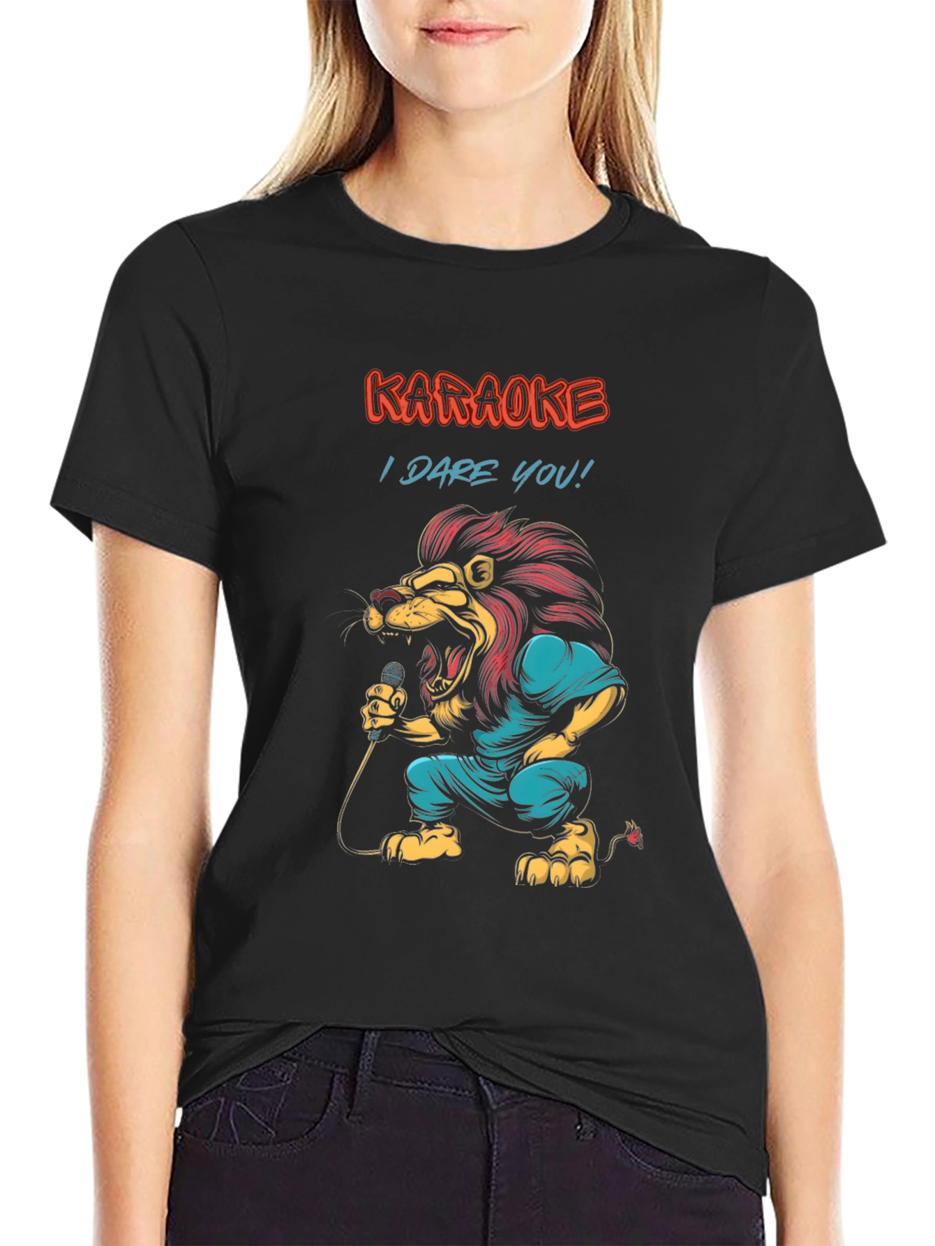 Black Karaoke Lion Graphic Tee - "I Dare You!" Black T-Shirt view 2