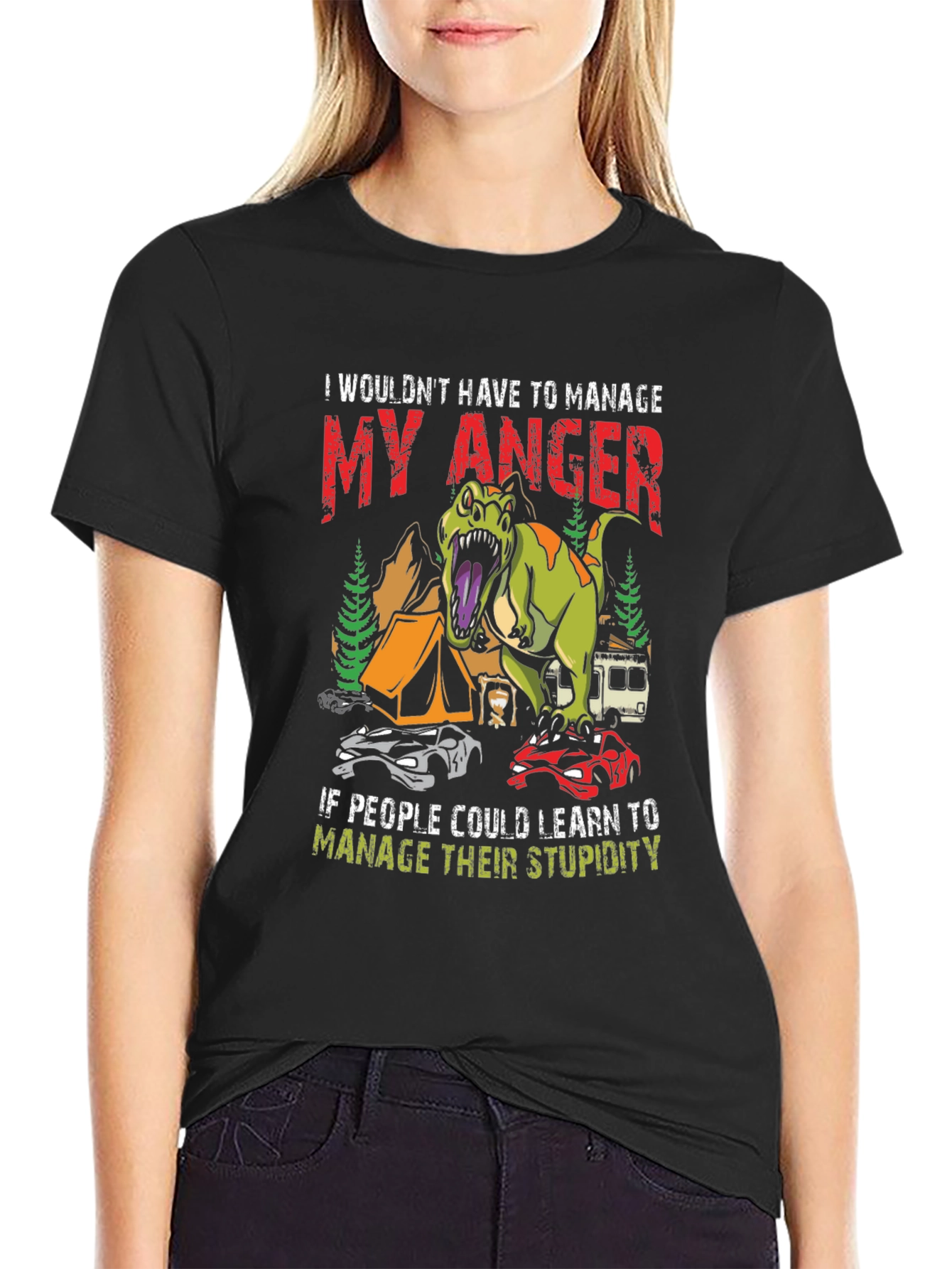 Black Manage Anger Dinosaur T-Shirt - Funny Camping Tee view 2