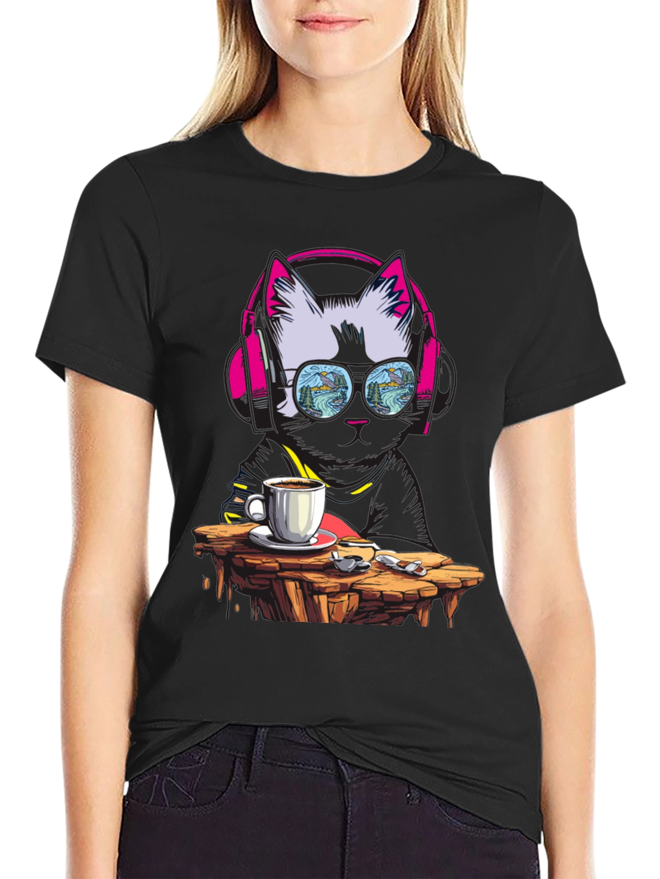 Black Cool Cat Coffee T-Shirt - DJ Kitty Tee view 2