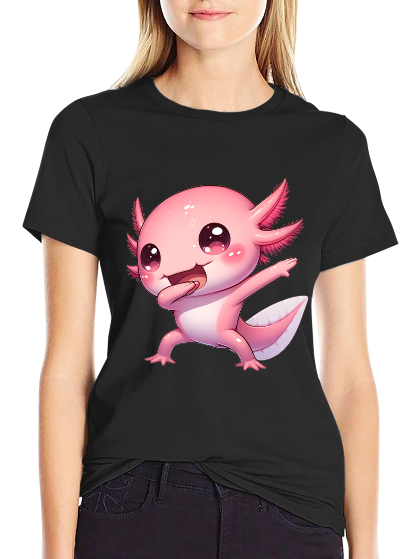 Black Cute Cartoon Axolotl Graphic Tee view 2