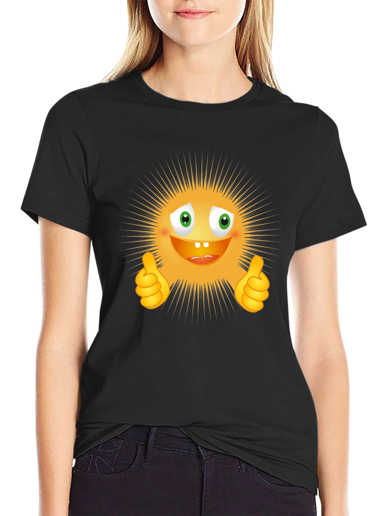 Black Funny Smiley Face Thumbs Up Graphic T-Shirt view 2