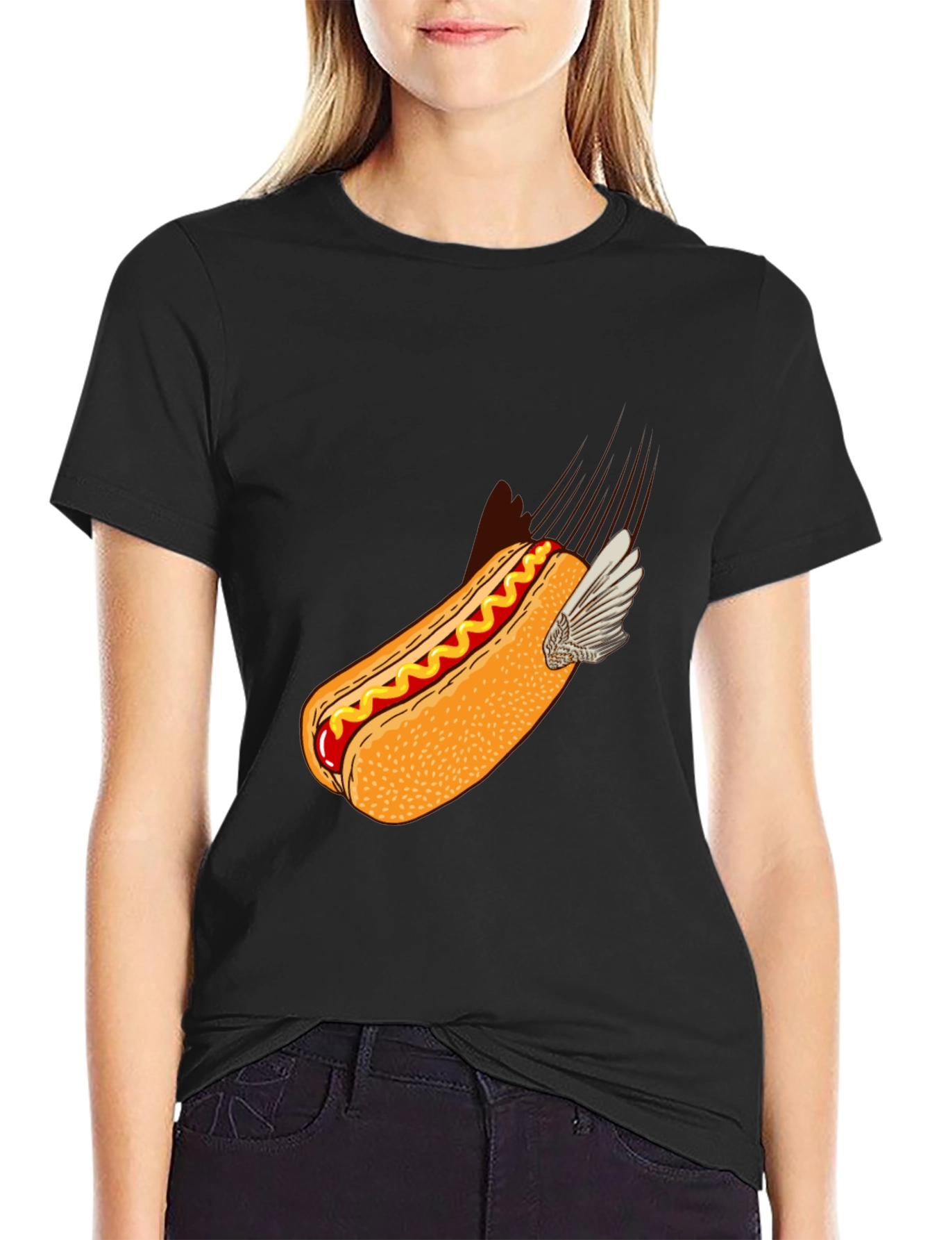 Black Flying Hot Dog Graphic T-Shirt - Novelty Food Tee view 2