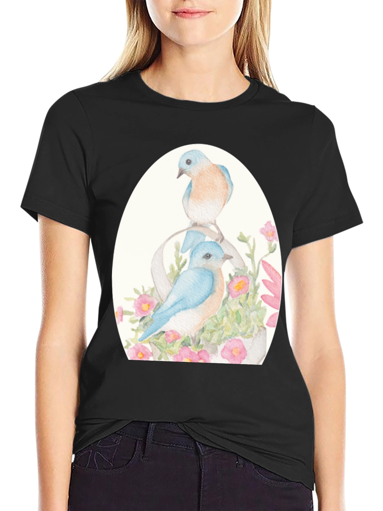Black Bluebird Floral Graphic Tee - Nature Lover's Shirt view 2