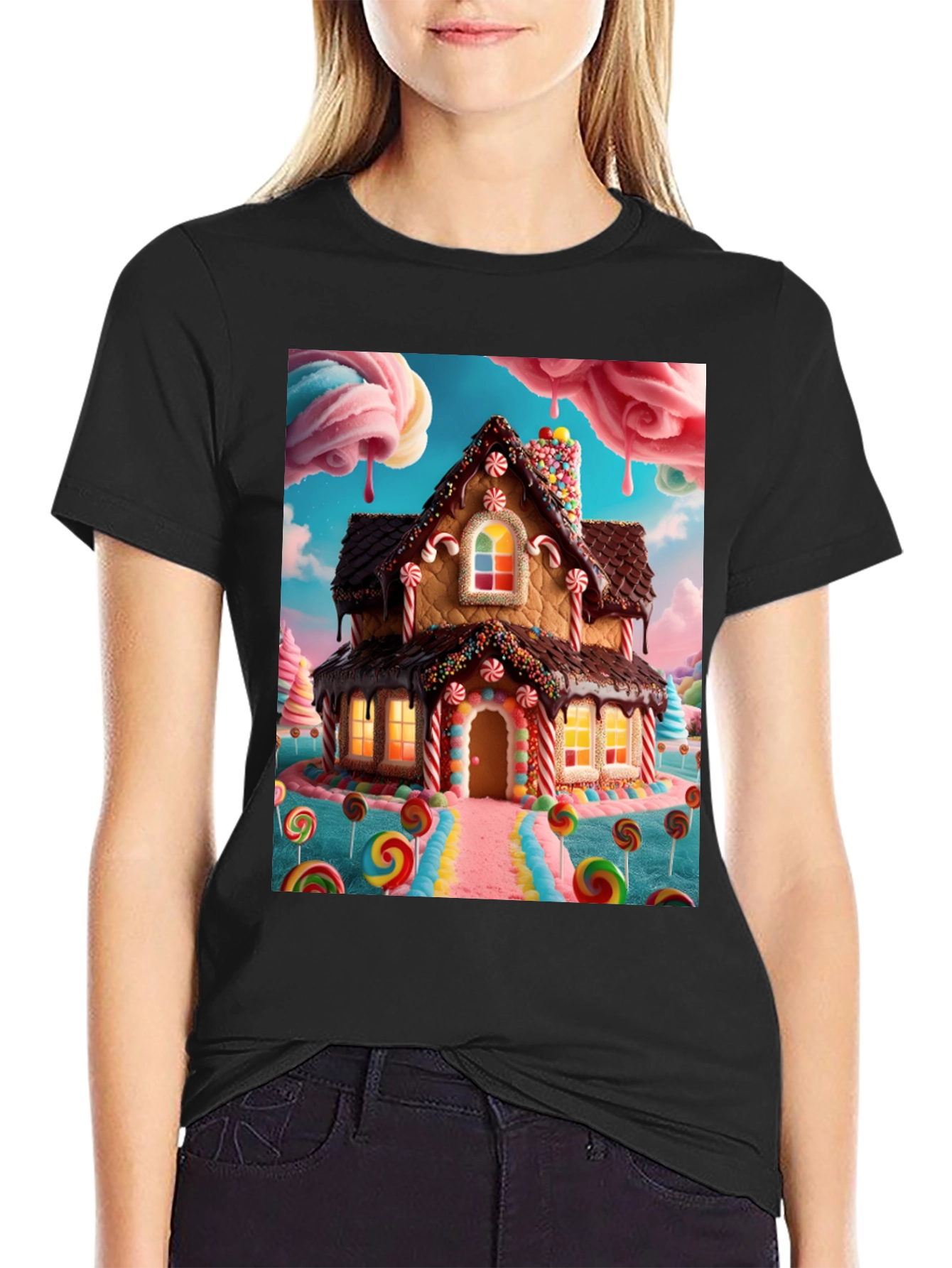 Black Sweet Tooth T-Shirt - Gingerbread House Design view 2