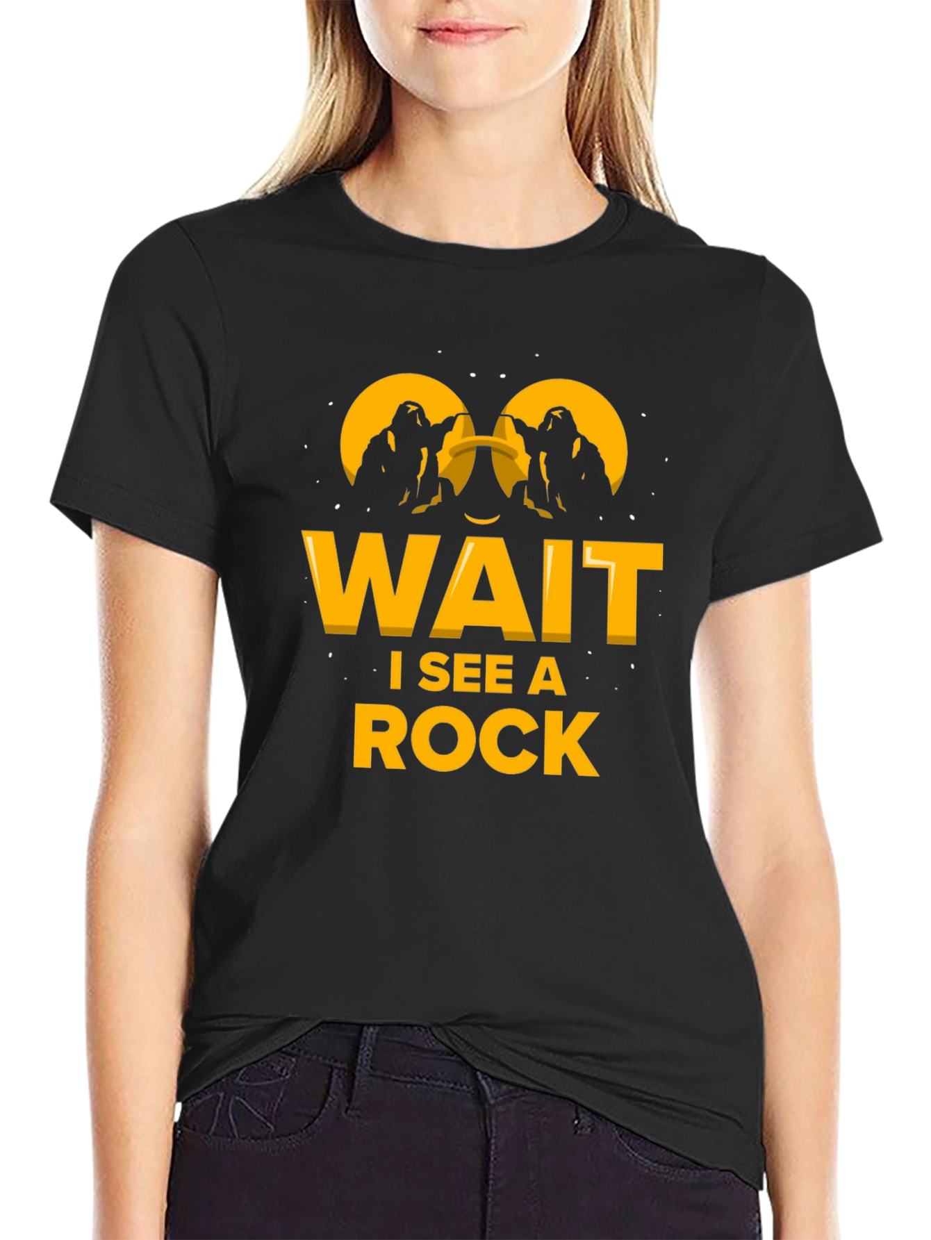 Black Wait I See A Rock Funny Black T-Shirt view 2