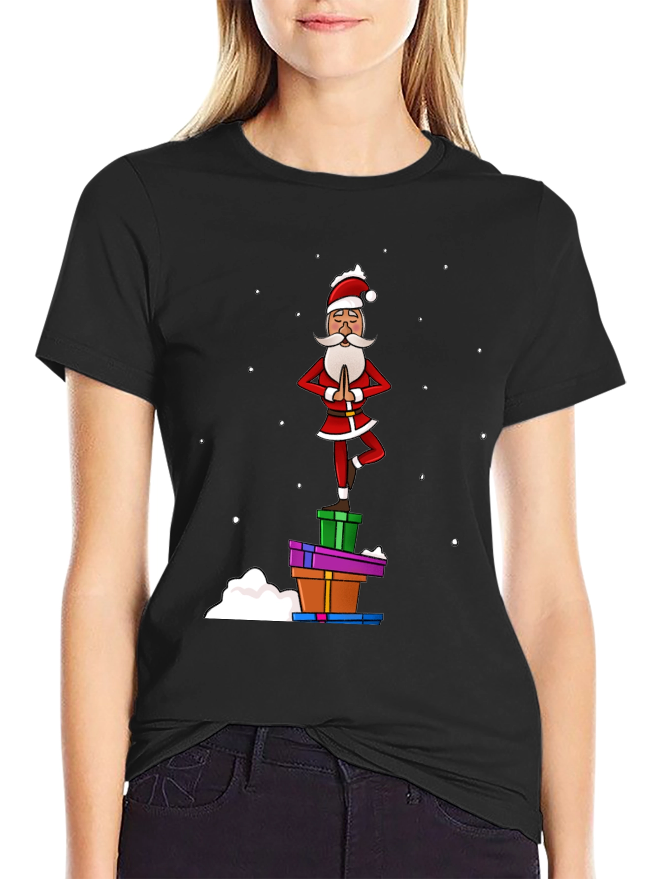Black Yoga Santa T-Shirt - Festive Holiday Apparel view 2